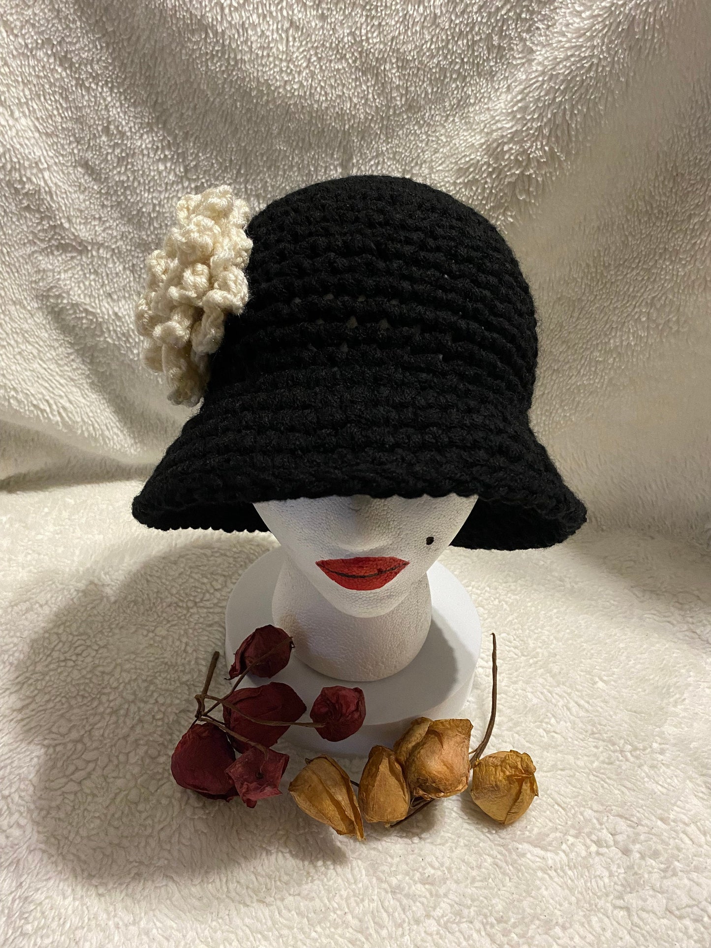 Black Crochet Bucket Hat: White Flower Accent, Handmade Acrylic