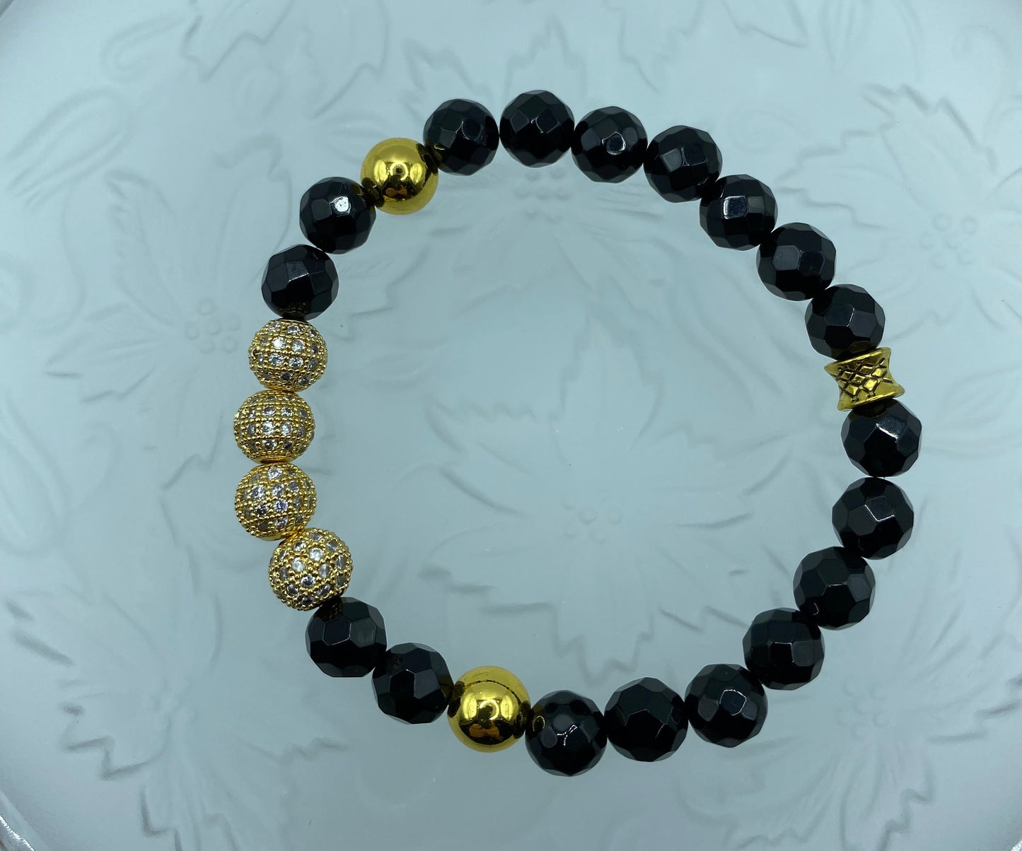 Black Onyx Bracelet for Men: Gold CZ Inlaid Beads, Hematite Gemstone
