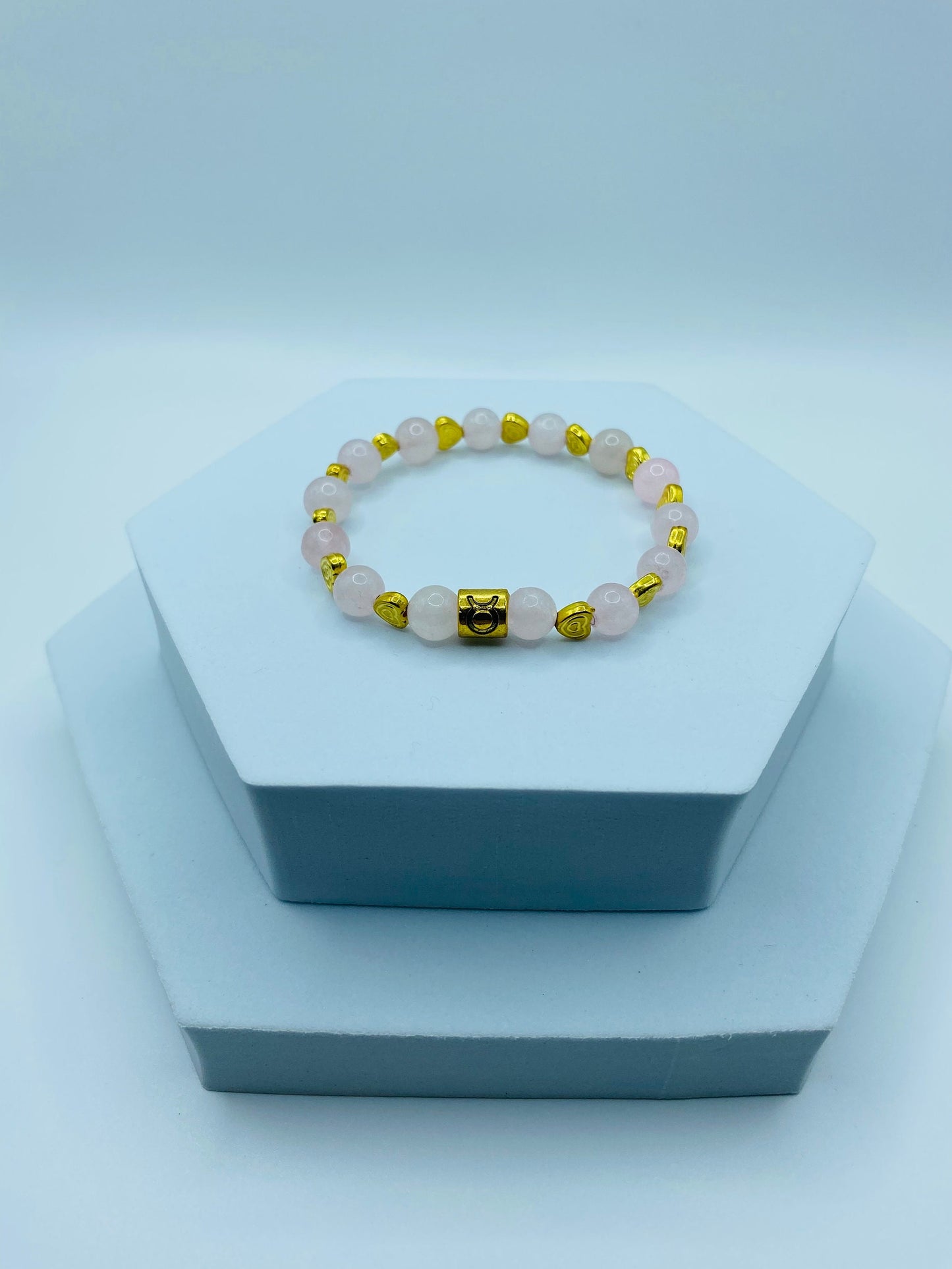 Rose Quartz Bracelet: 18K Gold Heart & Taurus Zodiac Charm