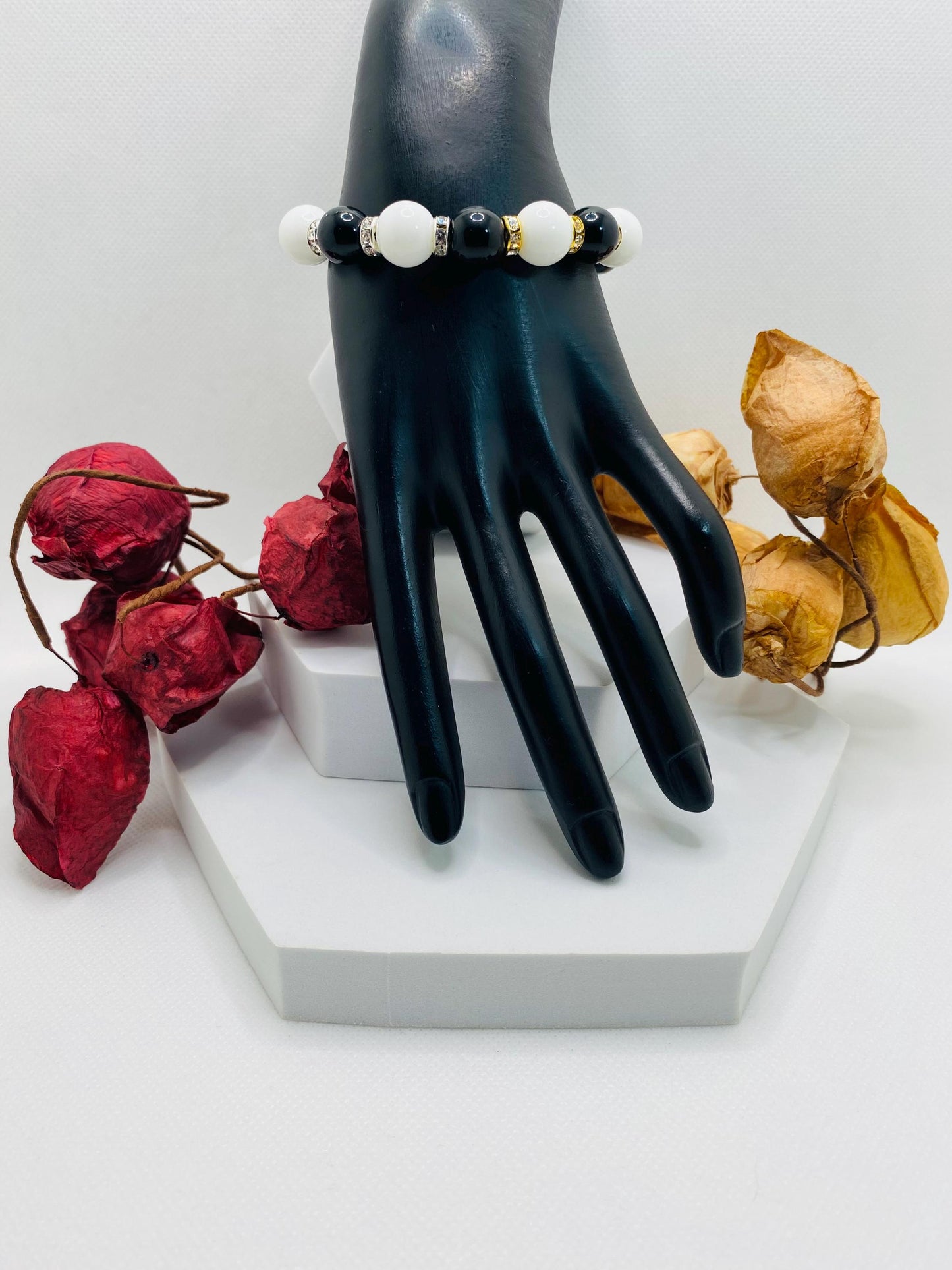 Onyx Gemstone Beaded Bracelet: Black & White Handmade Jewelry