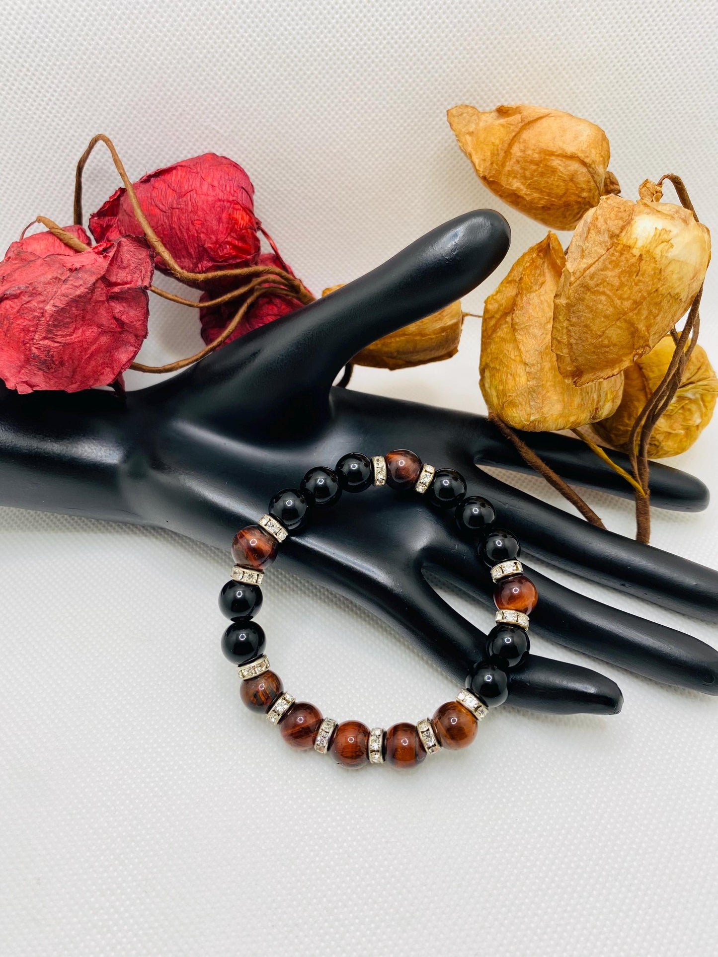 Mens Black Onyx & Red Tiger's Eye Beaded Bracelet: Handmade Gemstone Jewelry