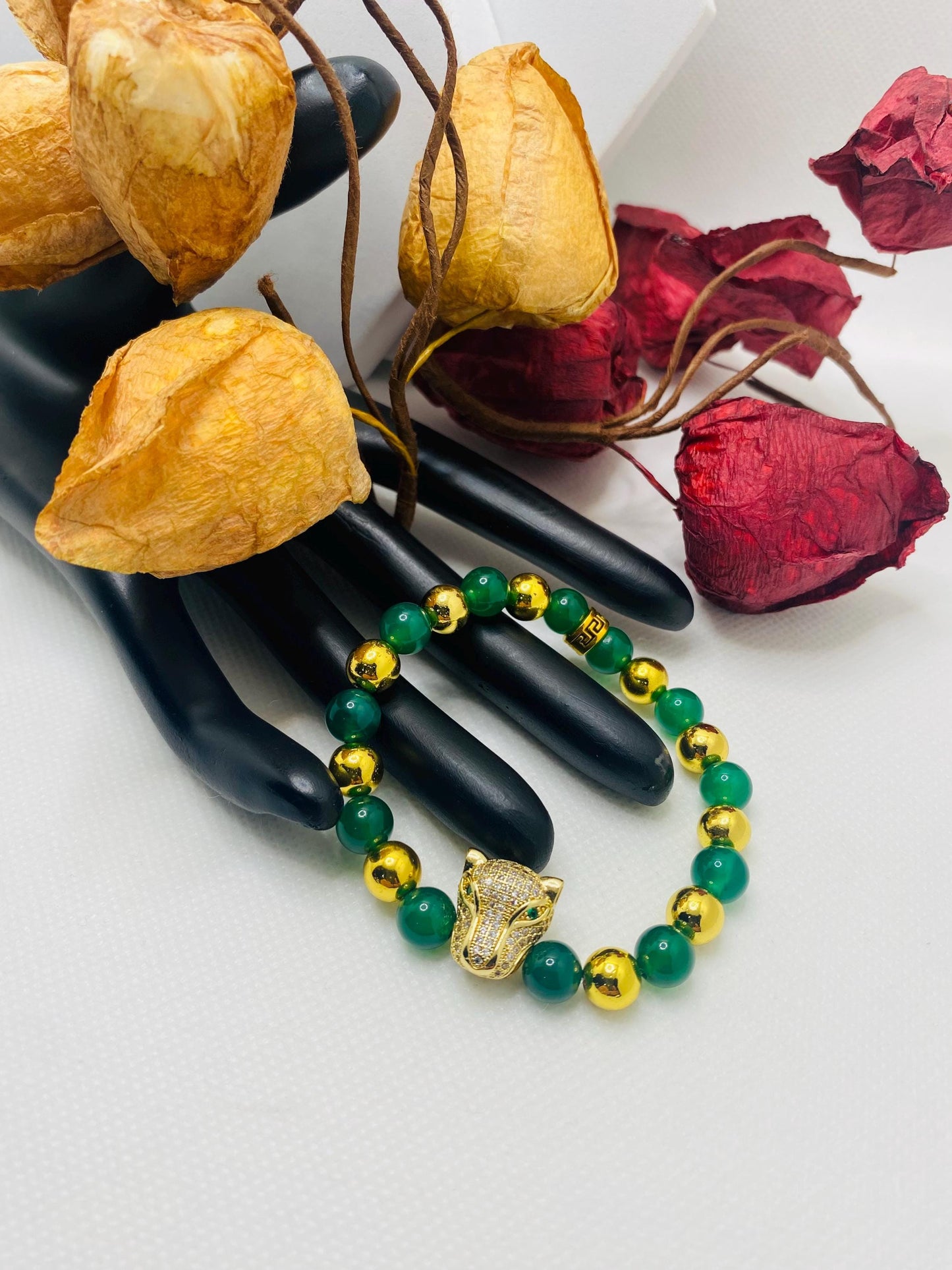 Jade & Hematite Bracelet: Gold CZ Panther Bead, Handmade
