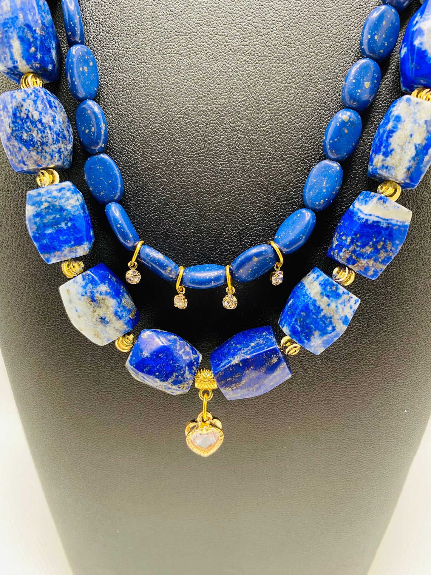 Handmade Lapis Lazuli Layered Necklace: Gold Plated Heart Pendant