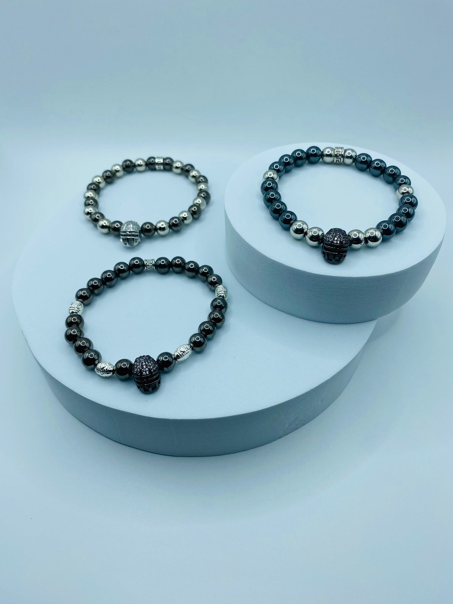 Las Vegas Raiders Mens Bracelet - Hematite Gemstone Beads and Football Helmet - Bracelets for Women