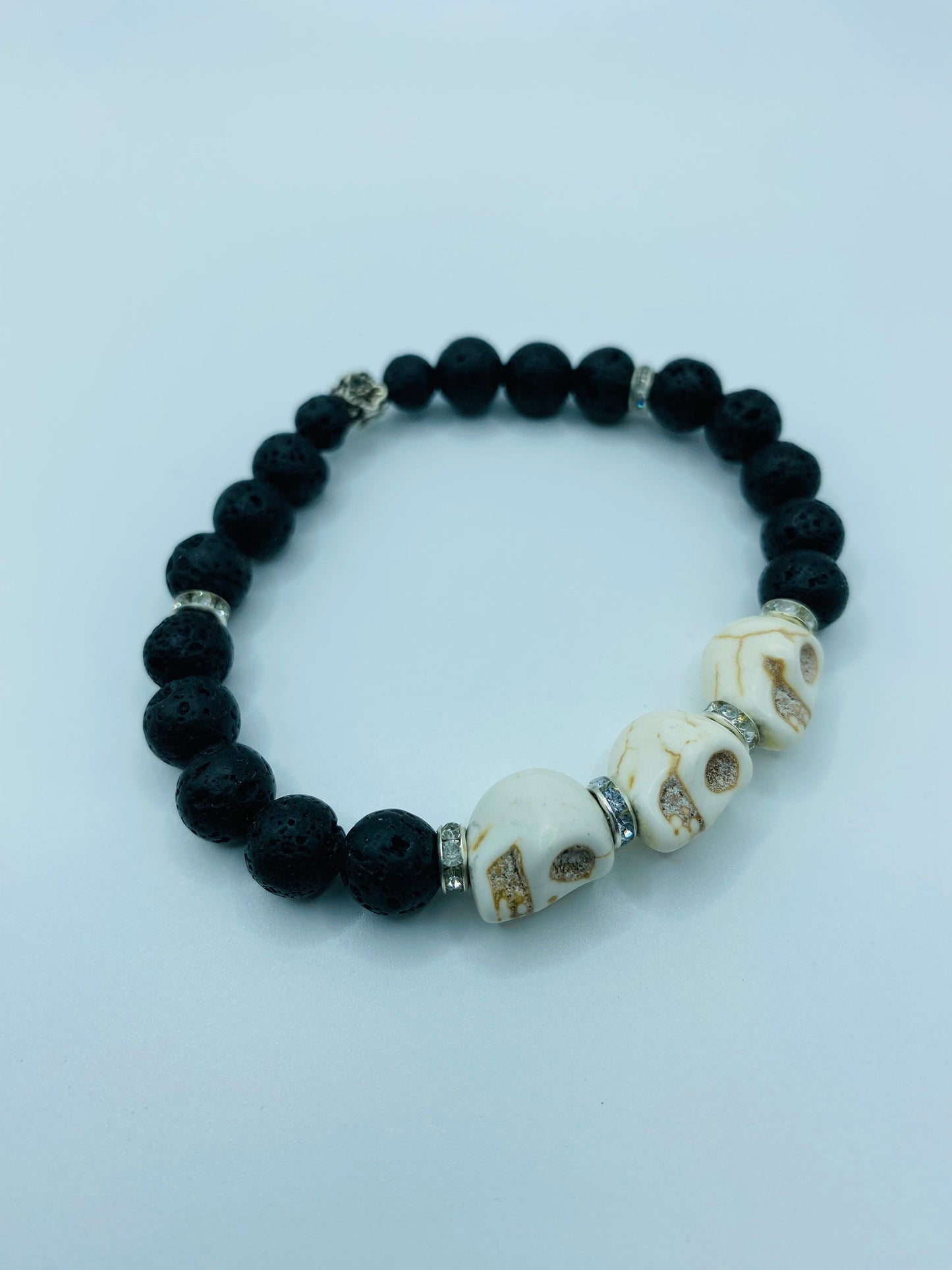 Day of the Dead Lava Rock Bracelet, White Skull Beads & Metal flowers - Dia de Los Muertos - Gift for Him
