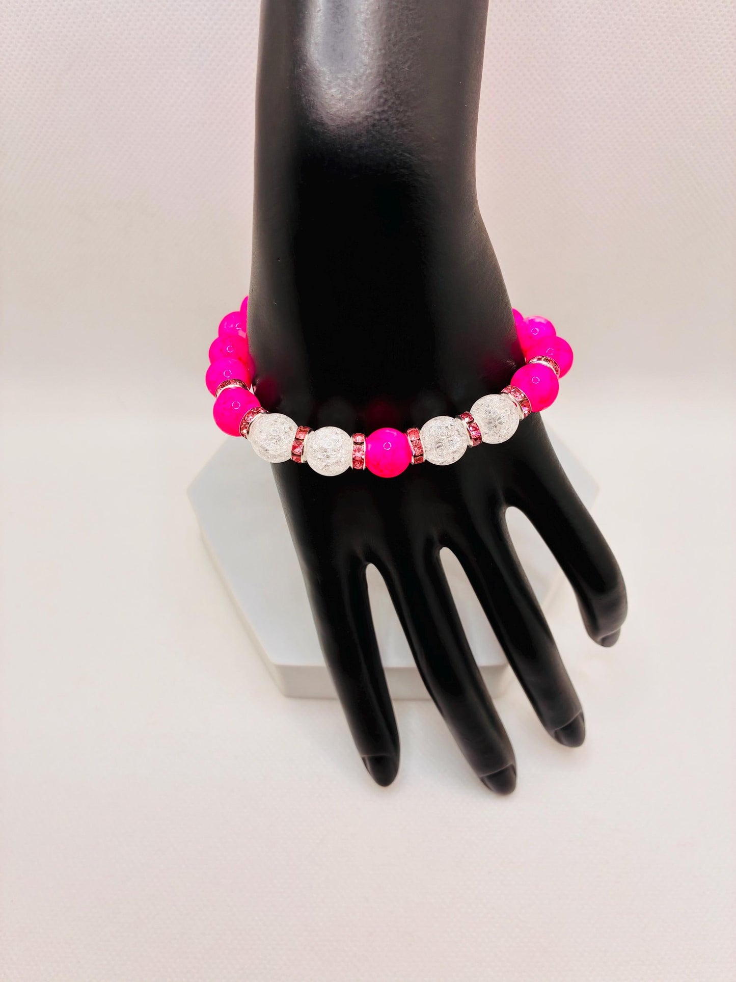 Hot Pink Crystal Glass Bead & Crackle Quartz Bracelet with Silverplated Pink Rhinestone Rondelles
