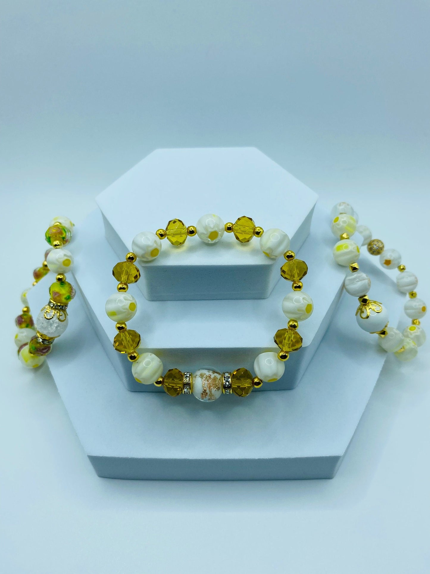 Lampwork Glass Bead Bracelet: Crystal & 18k Gold Hematite