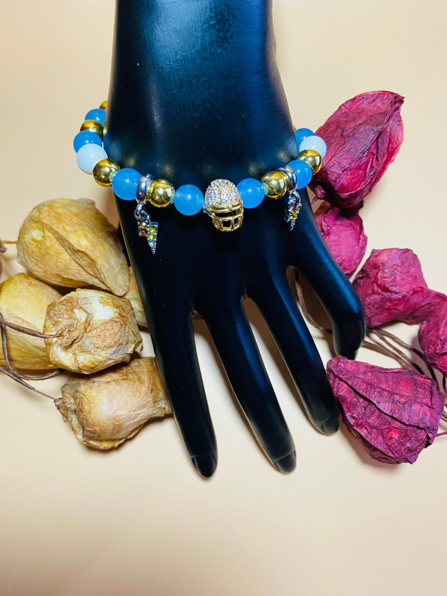 Los Angeles Chargers Mens Bracelet, Lightning Bolt Charms & Golden Football Helmet - Natural Gemstone Beads