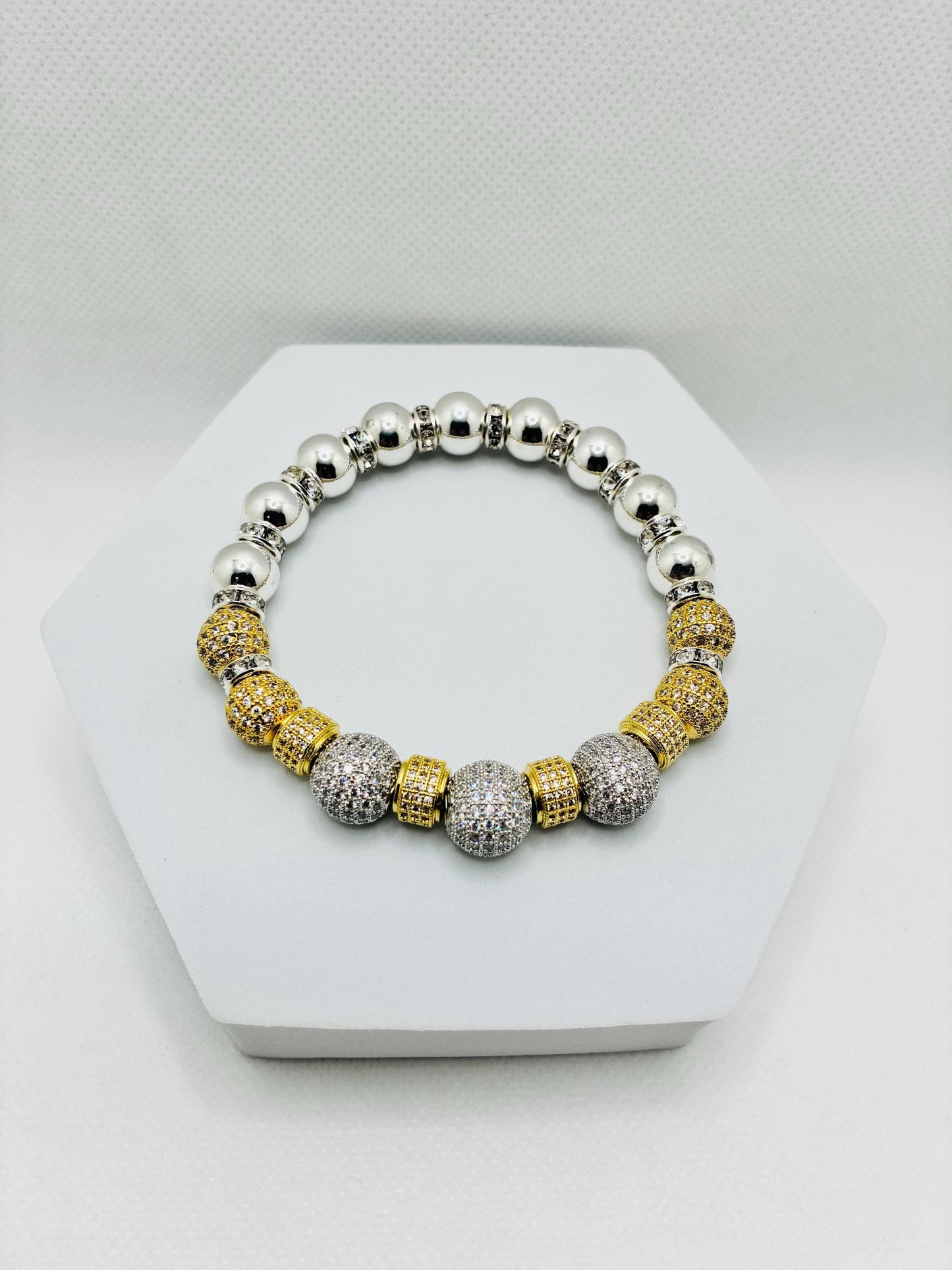 Silver Plated Hematite Bracelet with Gold-Plated and Silverplated Cubic Zirconia Beads