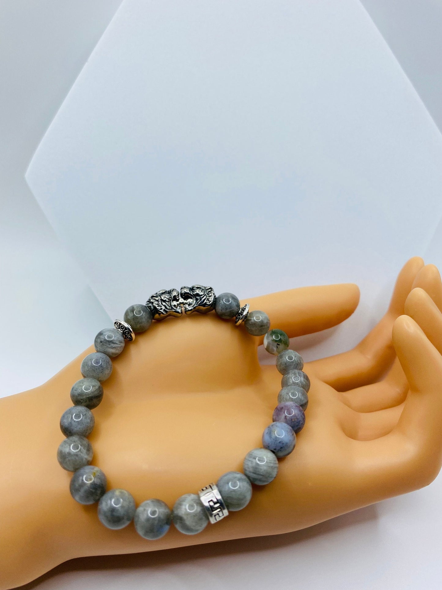 Mens Labradorite Beaded Bracelet: Stainless Steel Tiger Charm