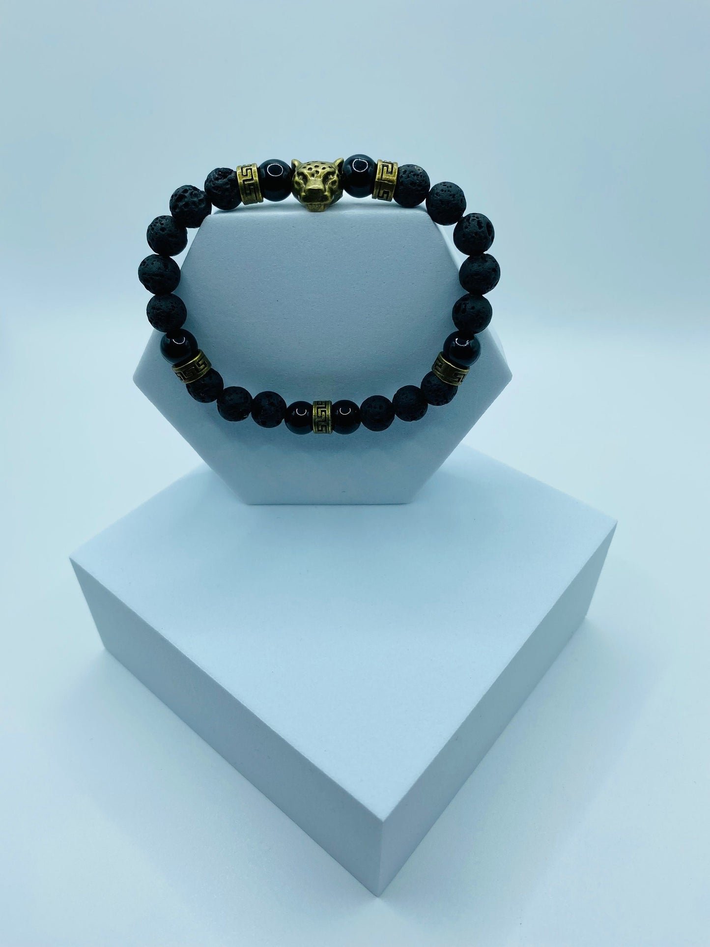 Black Onyx Lava Rock Bracelet with Bronze Leopard Charm