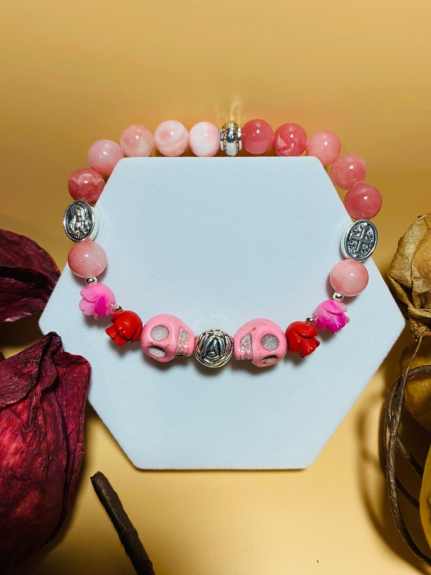 Day of the Dead Religious Jewelry, Jade Bracelet with Skull Beads & Roses, Flower Bracelet
