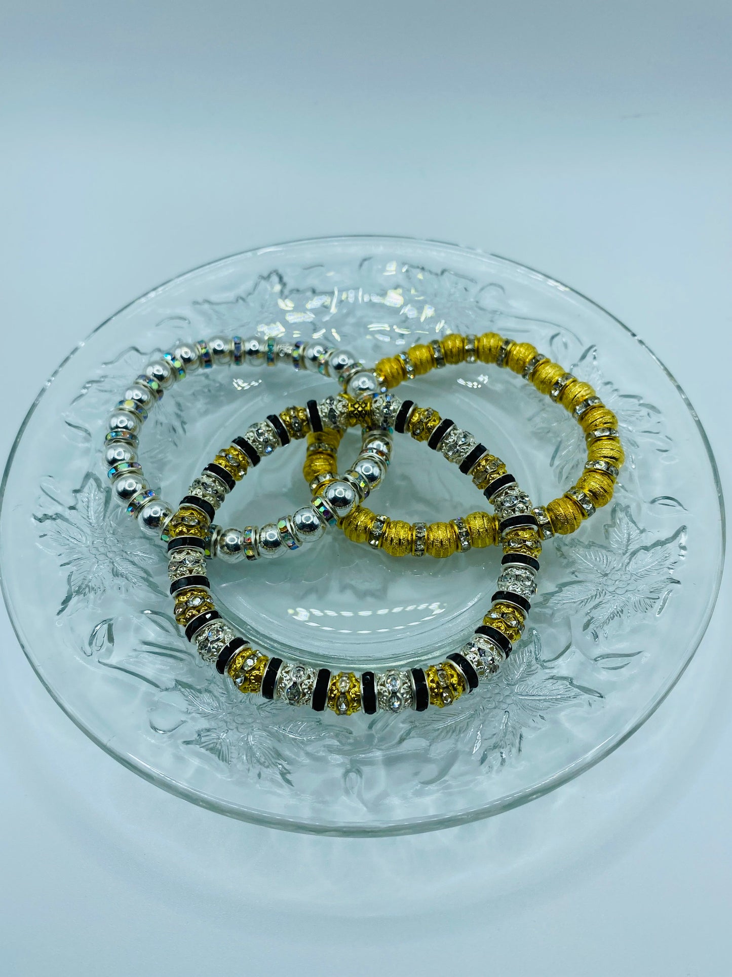 Mens Rhinestone Bracelet: Gold & Silver Plated CZ Beads