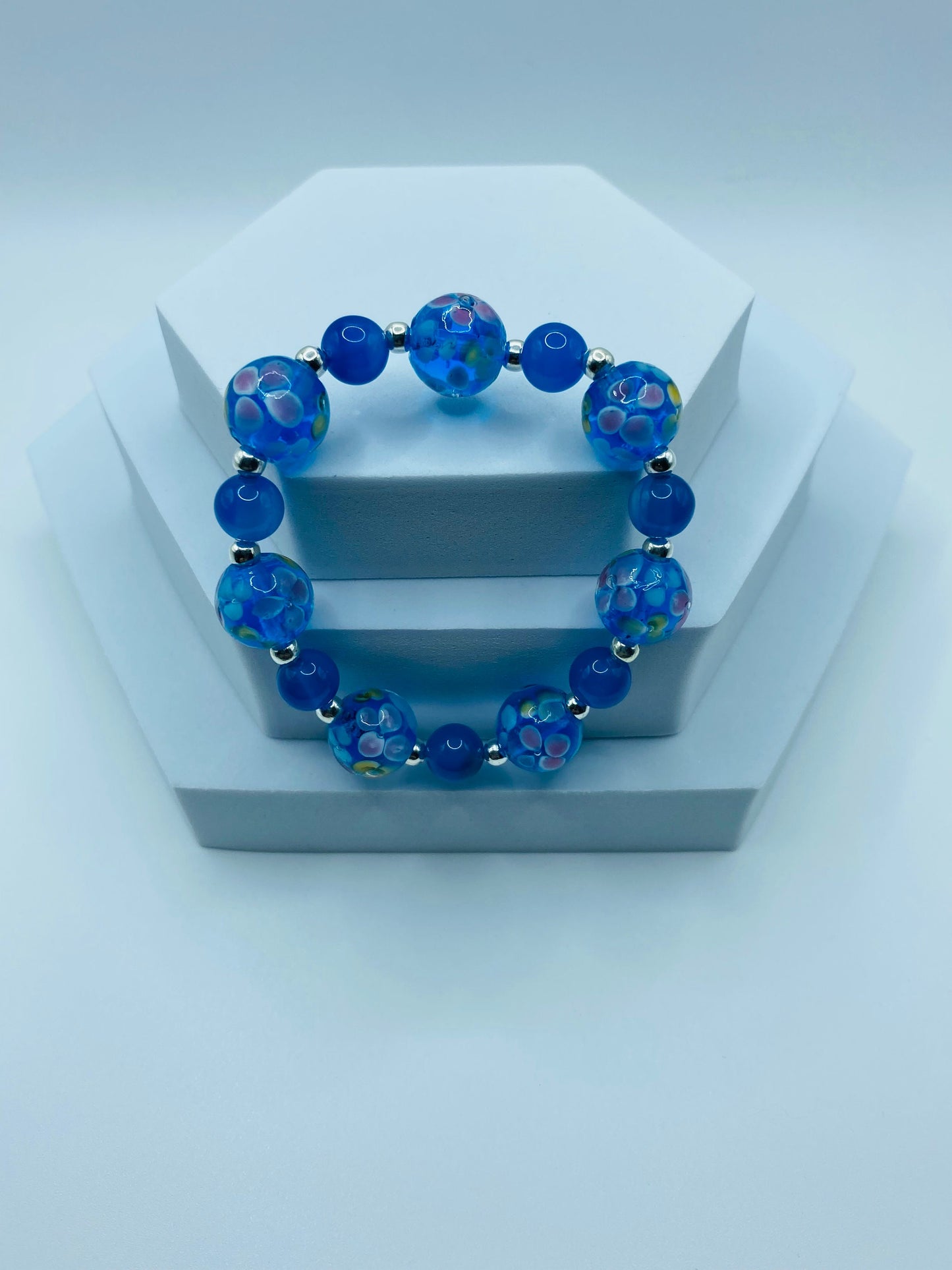 Blue Lace Agate Bracelet: Lampwork Floral Glass Beads, Silver Accents