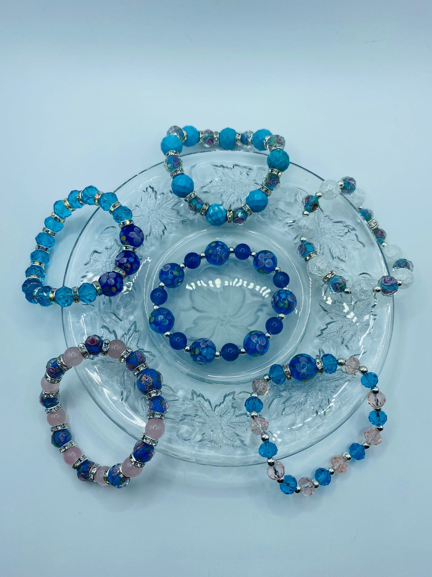 Blue Lace Agate Bracelet: Lampwork Floral Glass Beads, Silver Accents