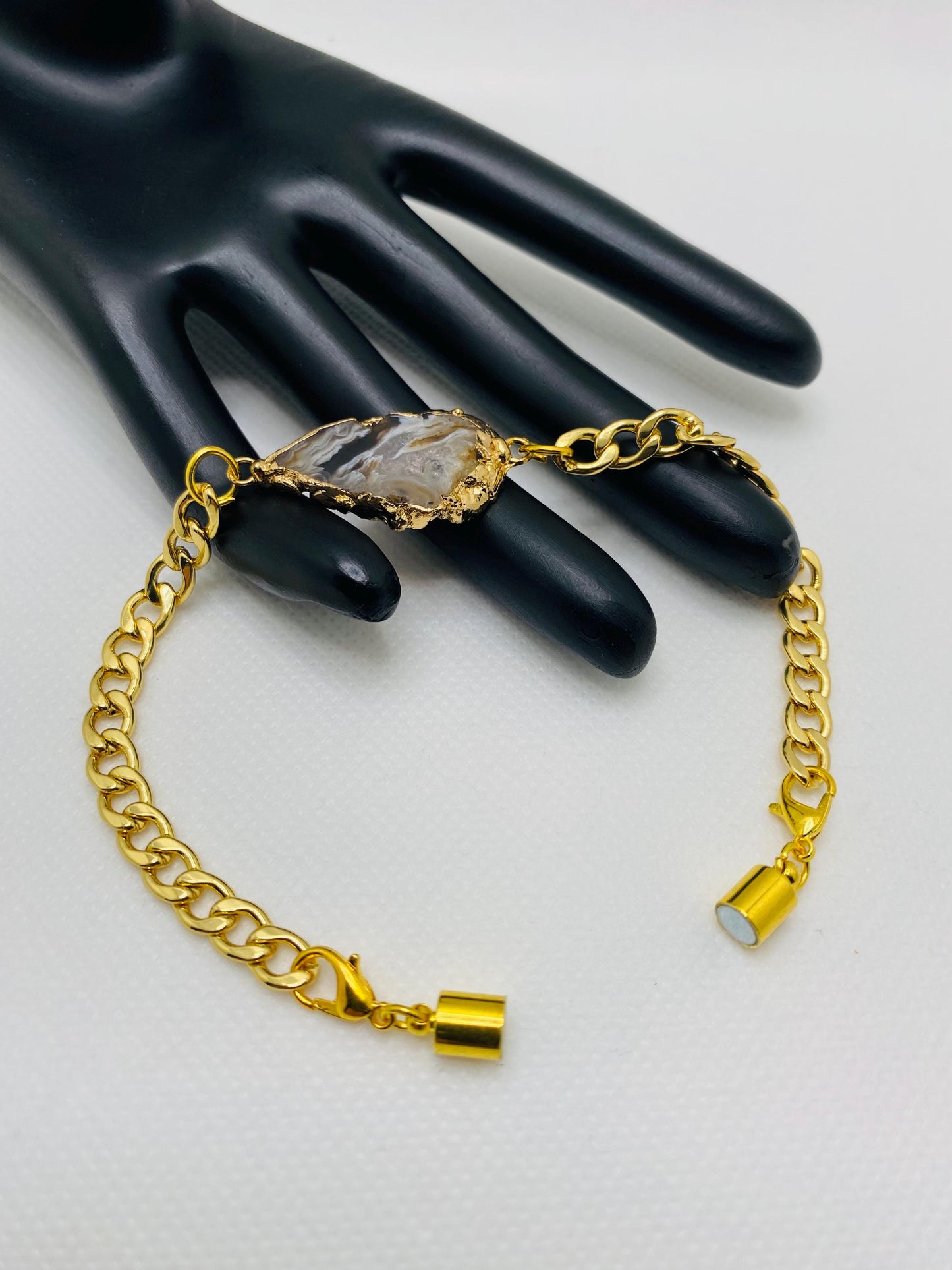 Handmade 18k Gold Plated Cuban Link Bracelet: Geode Agate, Magnetic Clasp