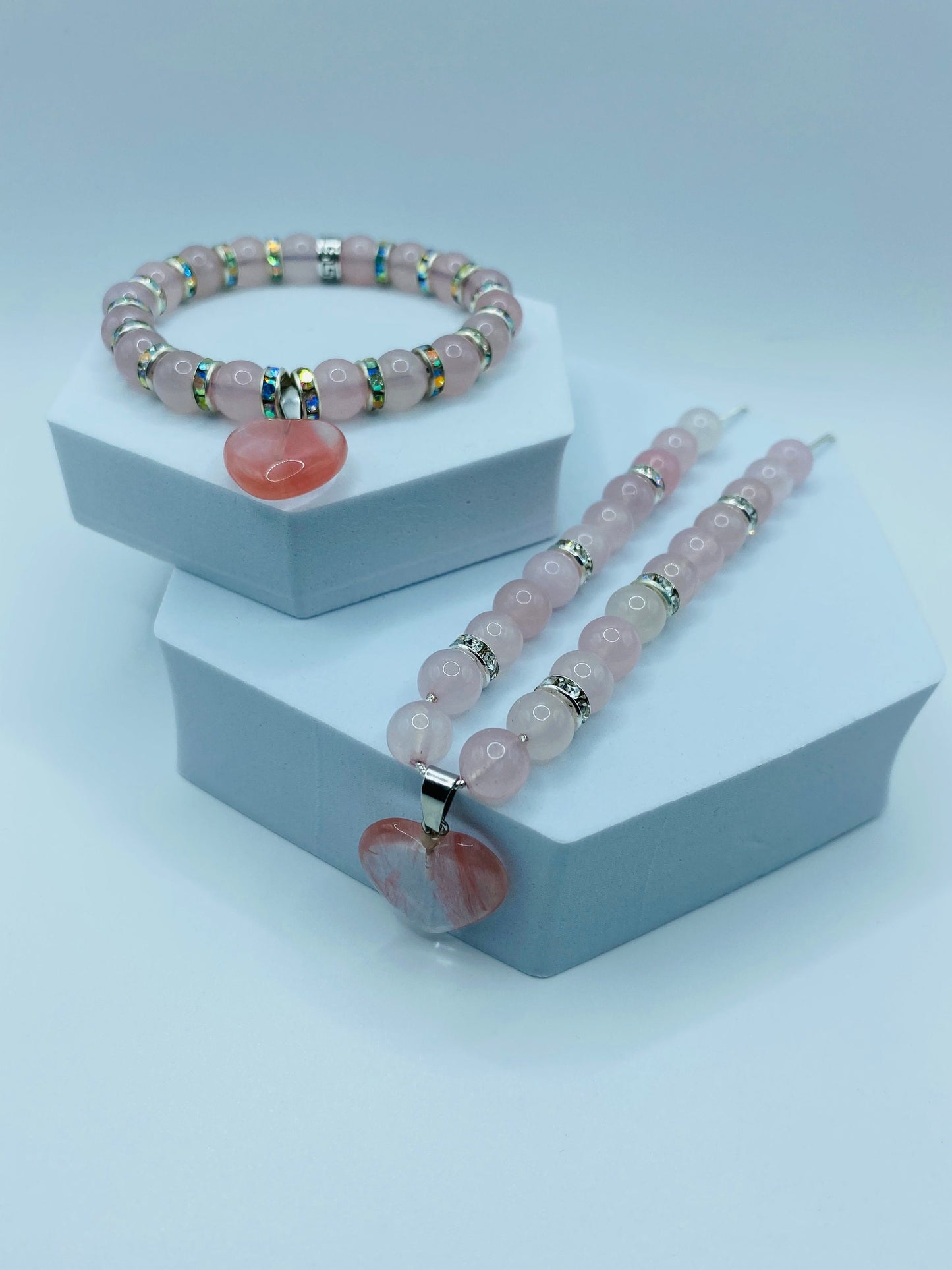 Rose Quartz Necklace Bracelet Set: Pink Aventurine Heart Charm, Rhinestone Rondelles