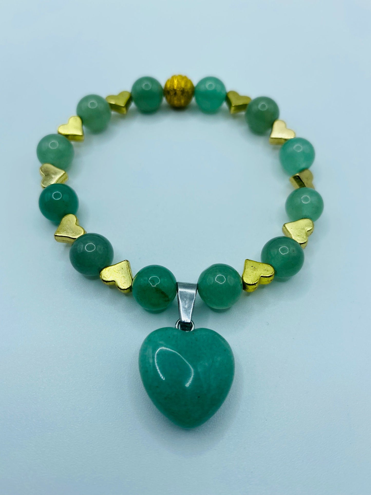 Handmade Green Aventurine Heart Bracelet: 18K Gold Plated Charms