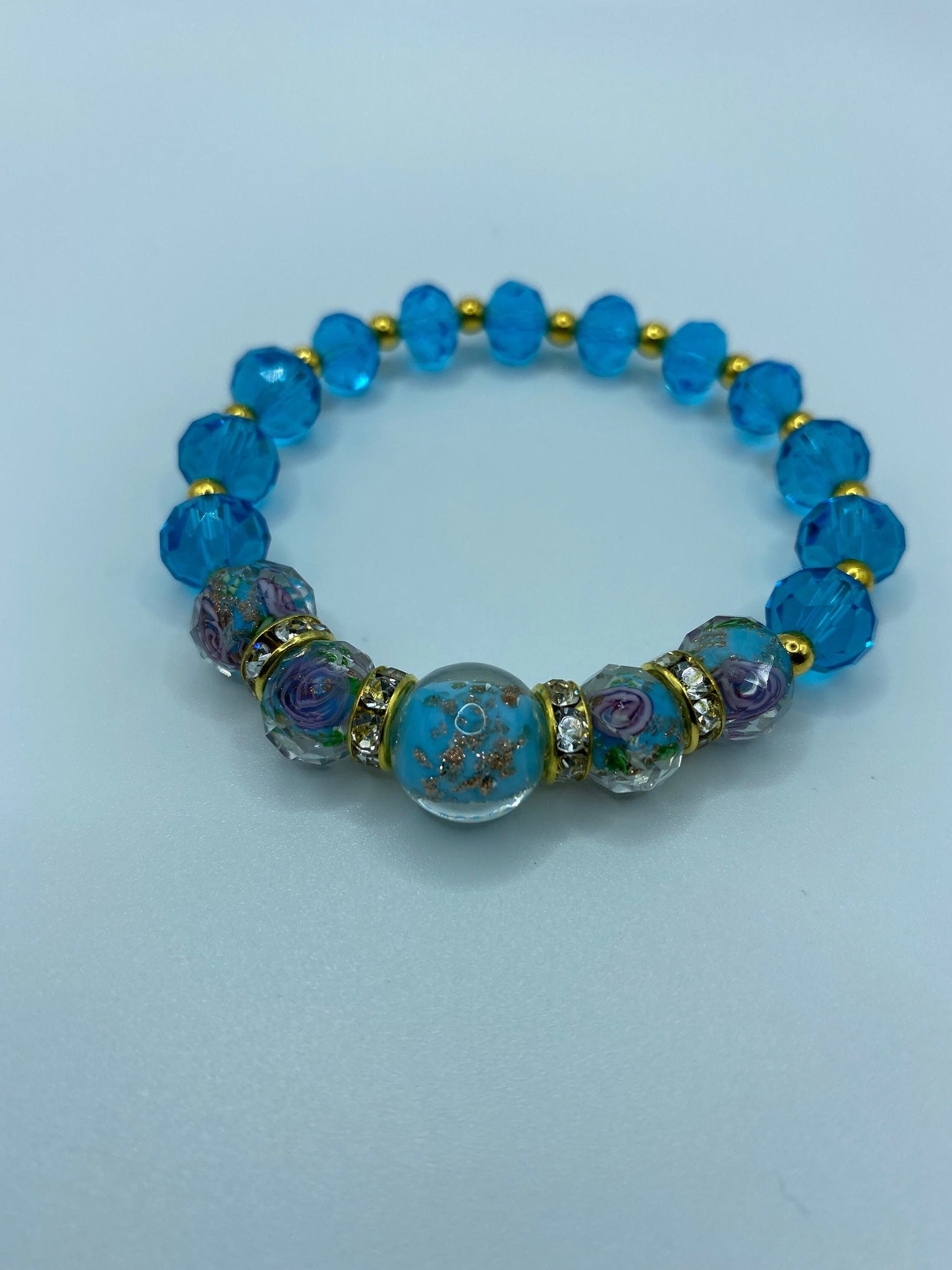 Lampwork Glass Bead Bracelet: Blue Topaz Crystal & 18K Gold Hematite