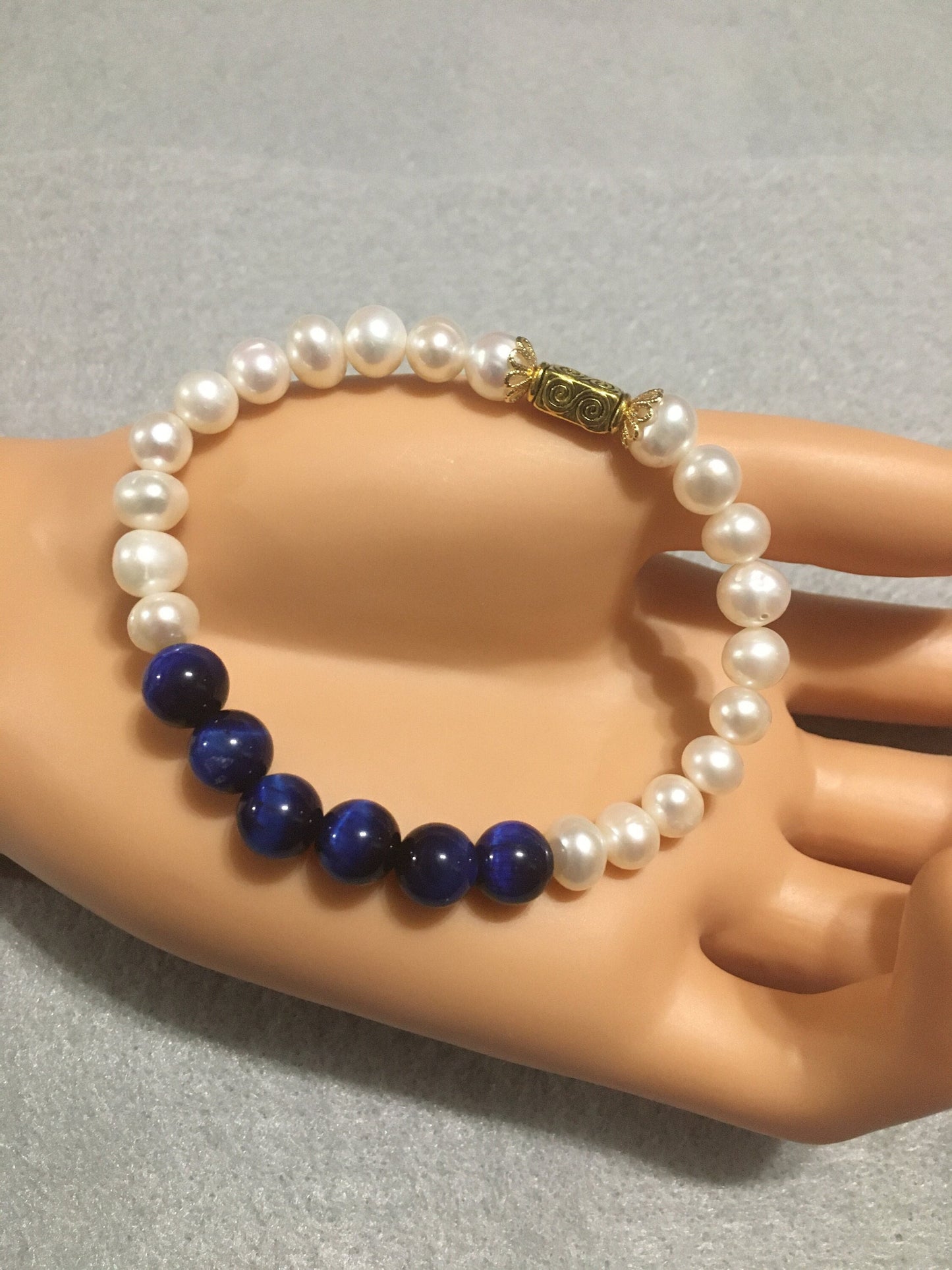 Handmade Pearl Bracelet: Blue Tiger's Eye Gemstone, 18k Gold Accents