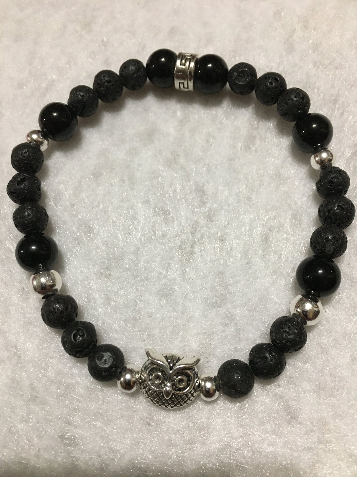 Night Owl Bracelet: Black Onyx & Lava Rock Gemstone Beads, Silver Owl Charm