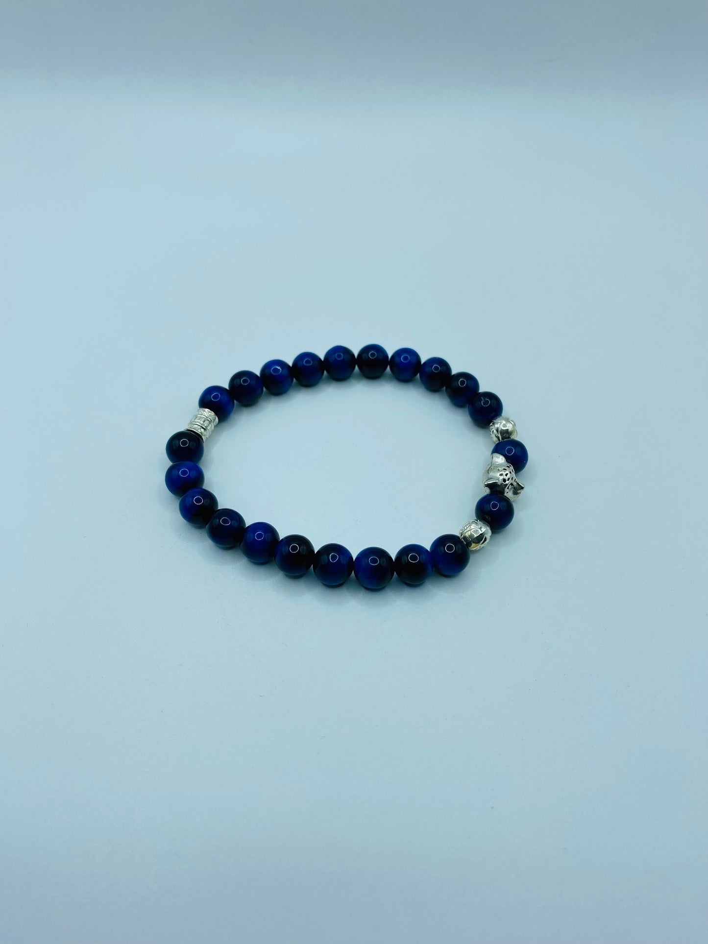 Blue Tiger's Eye Bracelet: Leopard Charm, Silver Beads