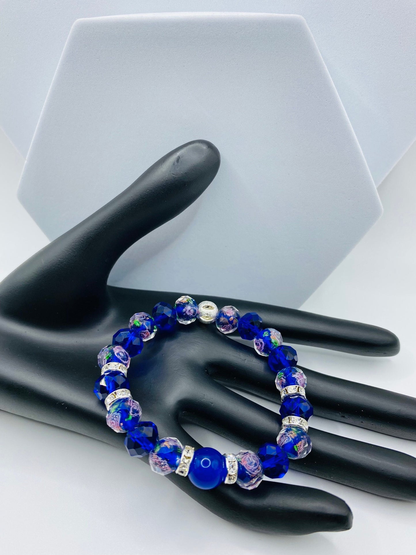 Blue Chalcedony Bracelet: Lampwork Floral Glass Beads, Rhinestone Accents