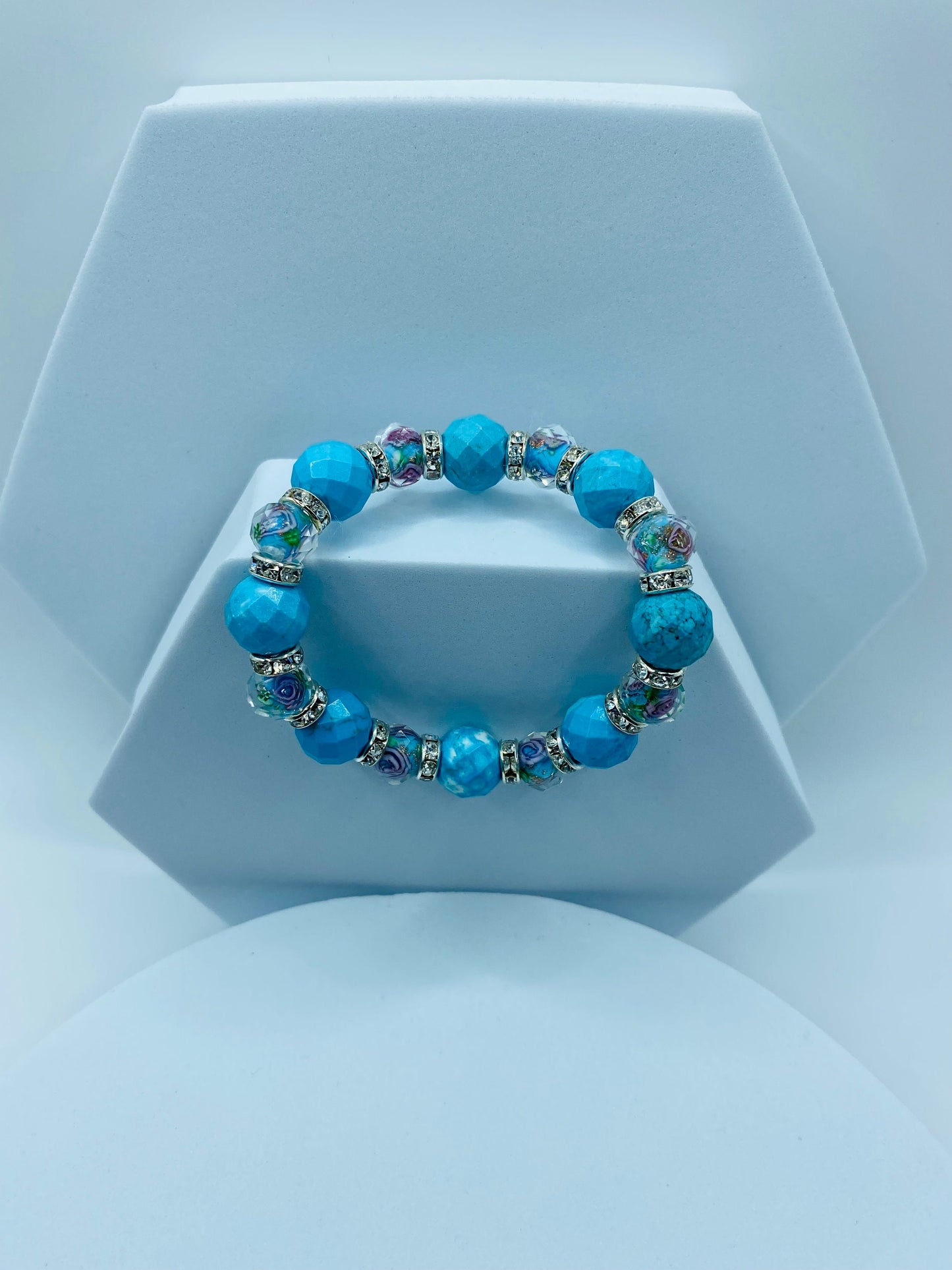 Turquoise Bracelet Custom Jewelry with Lampwork Flower Glass Beads - Mens Bracelet - Bracelets for Women