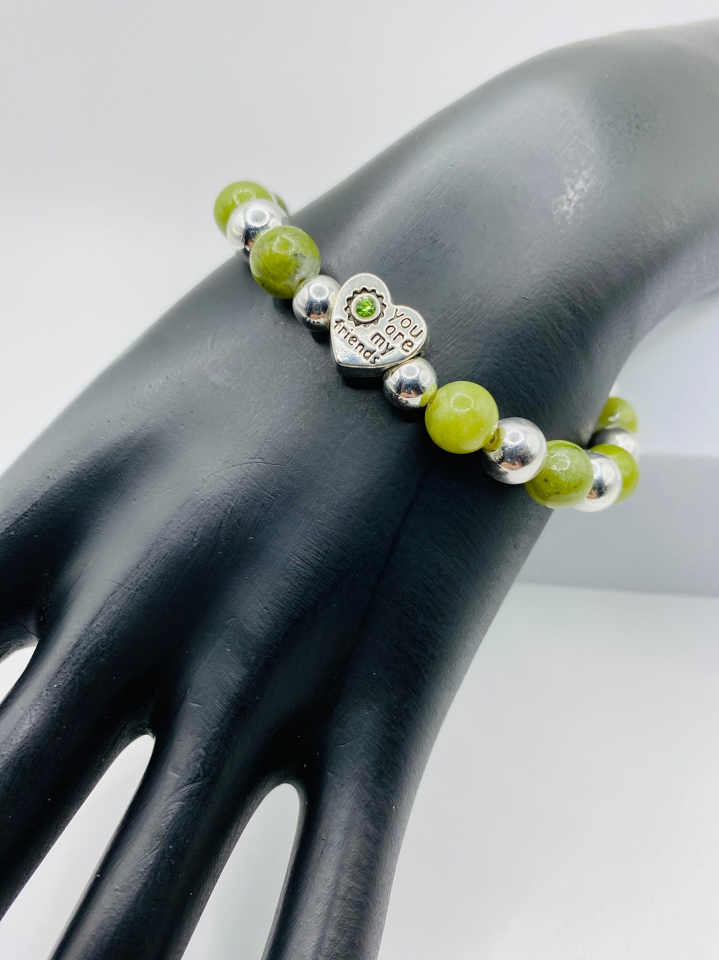 Friendship Bracelet with Green Jade & Hematite Gemstone Beads, Heart Jewelry Gifts for Friends