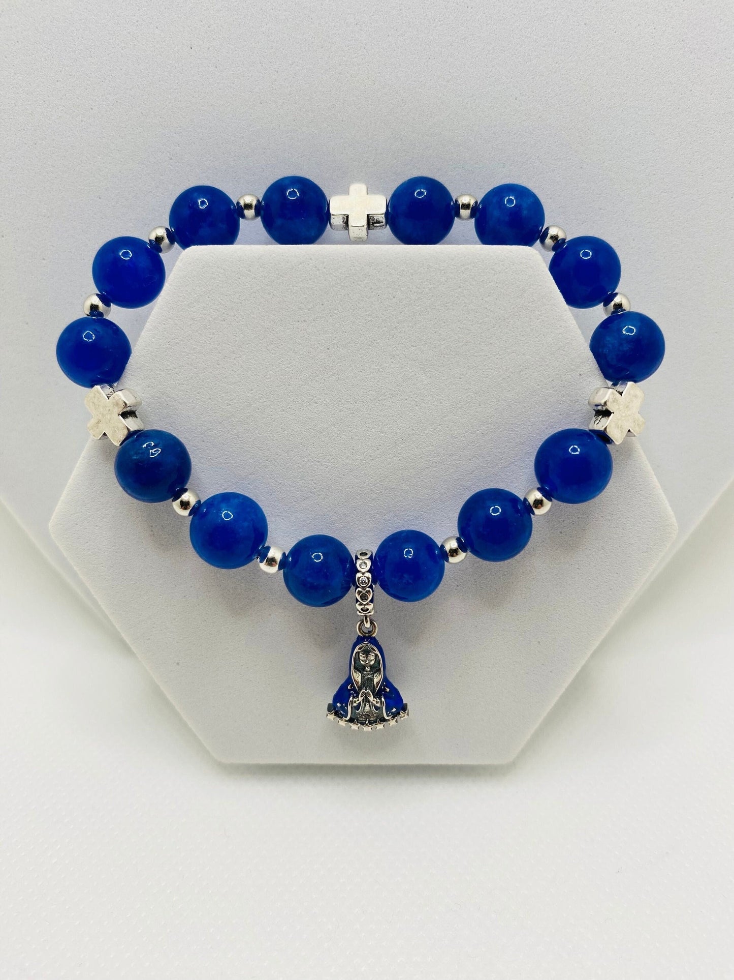 Blue Kyanite Gemstone Bracelet: Virgin Mary Charm, Cross Beads