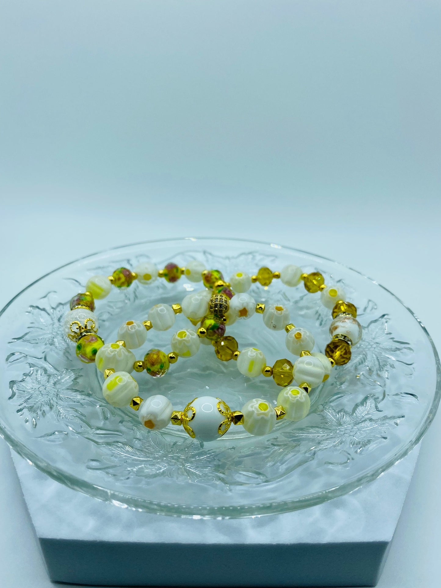 White Jade Bracelet: Millefiori Lampwork Glass Beads, 18k Gold-Plated Accents