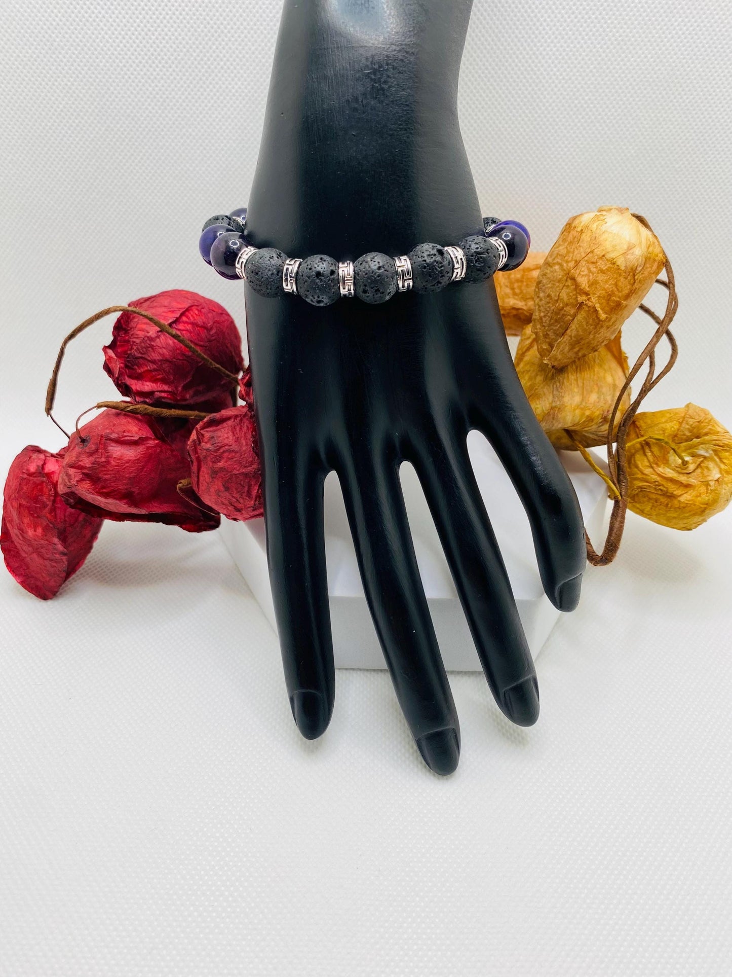 Mens Black Lava Rock & Purple Tiger Eye Bracelet: Tibetan Gemstone Jewelry