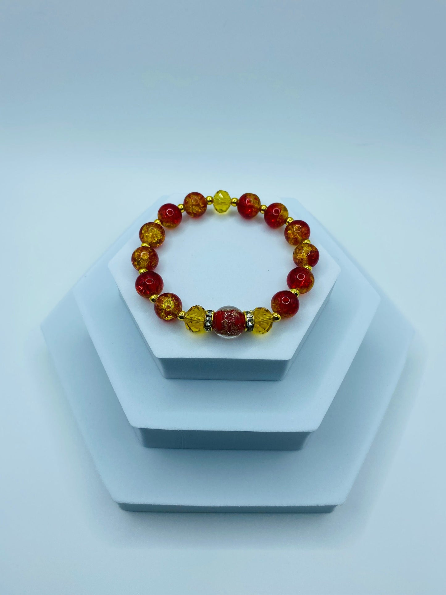 Red Lampwork Crystal Bracelet: Gold Hematite Bead Accents