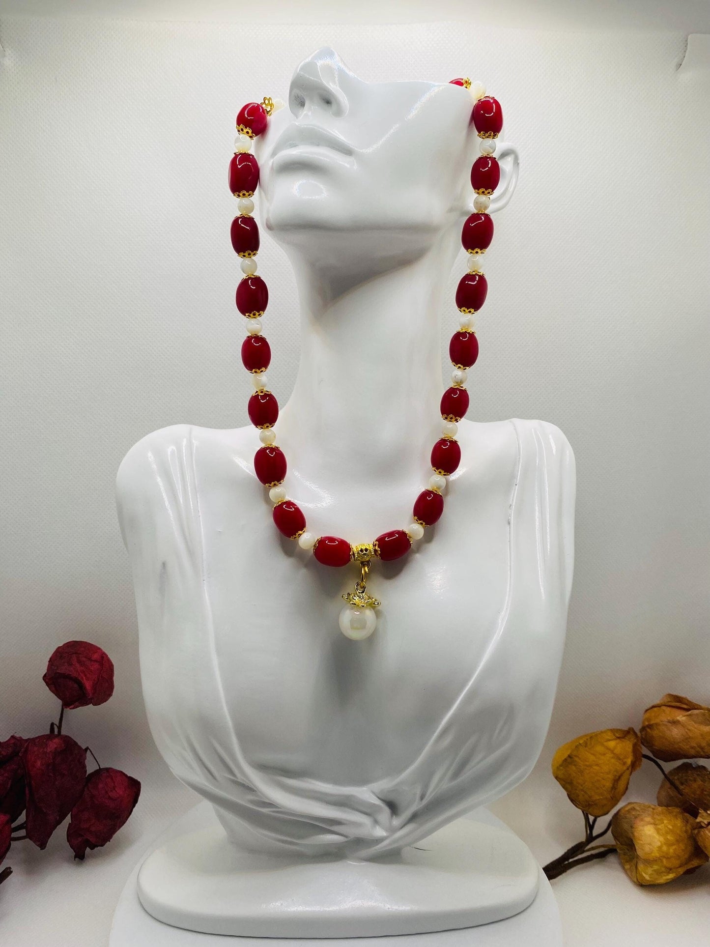Handmade Red Jade Necklace: Mother of Pearl, Faux Pearl Pendant