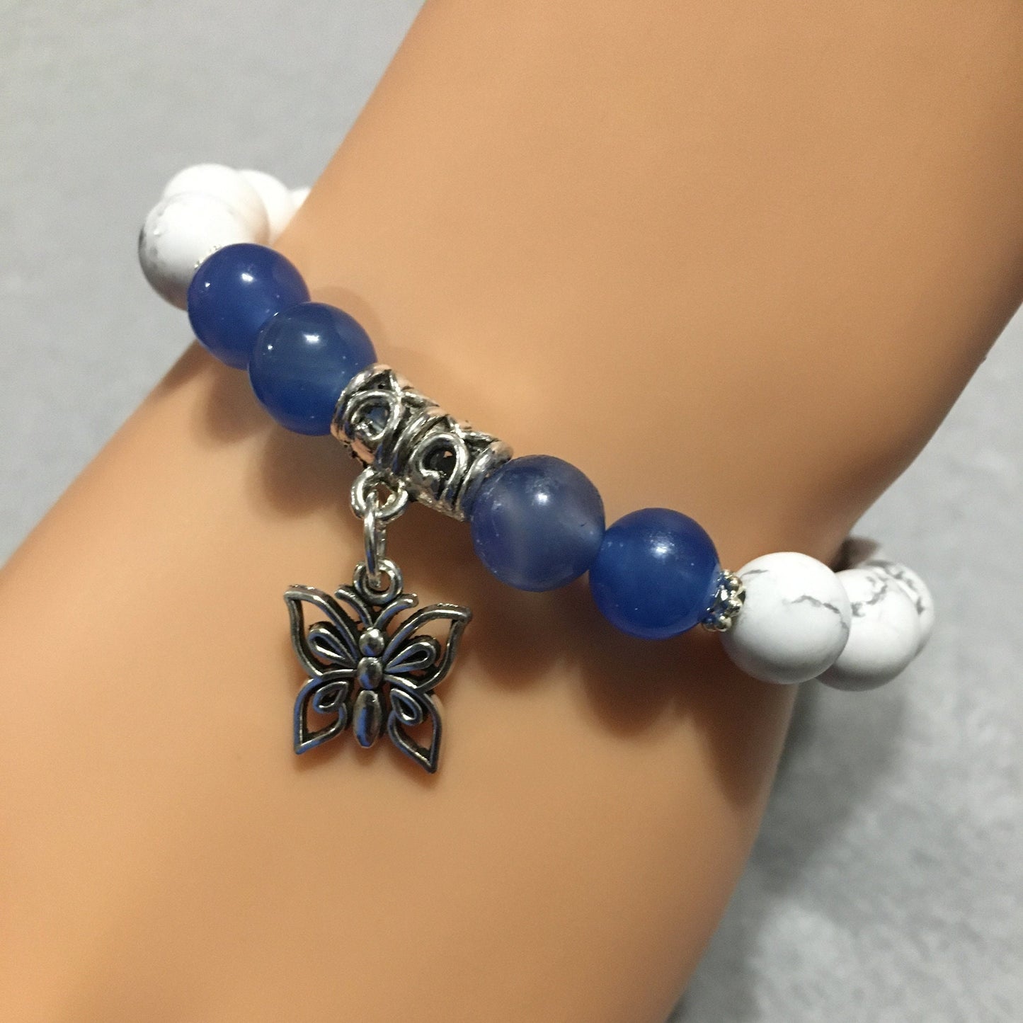 Butterfly Charm Bracelet: Blue Lace Agate & Howlite Gemstone Beads