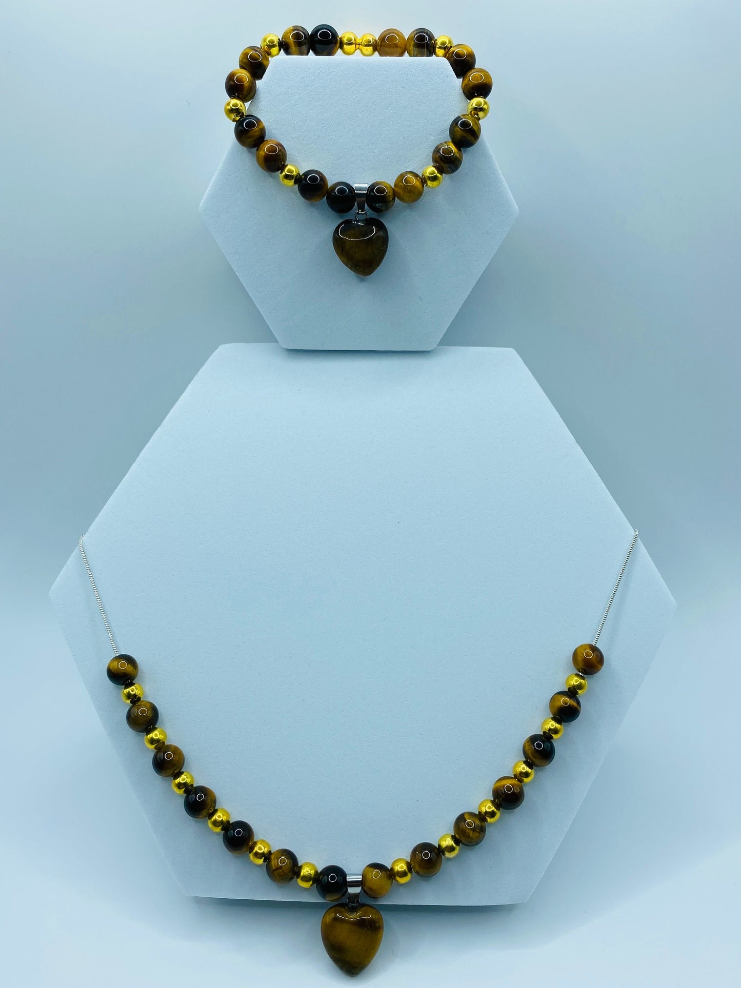 Tiger's Eye Heart Necklace & Bracelet Set: Gold Plated Hematite Beads