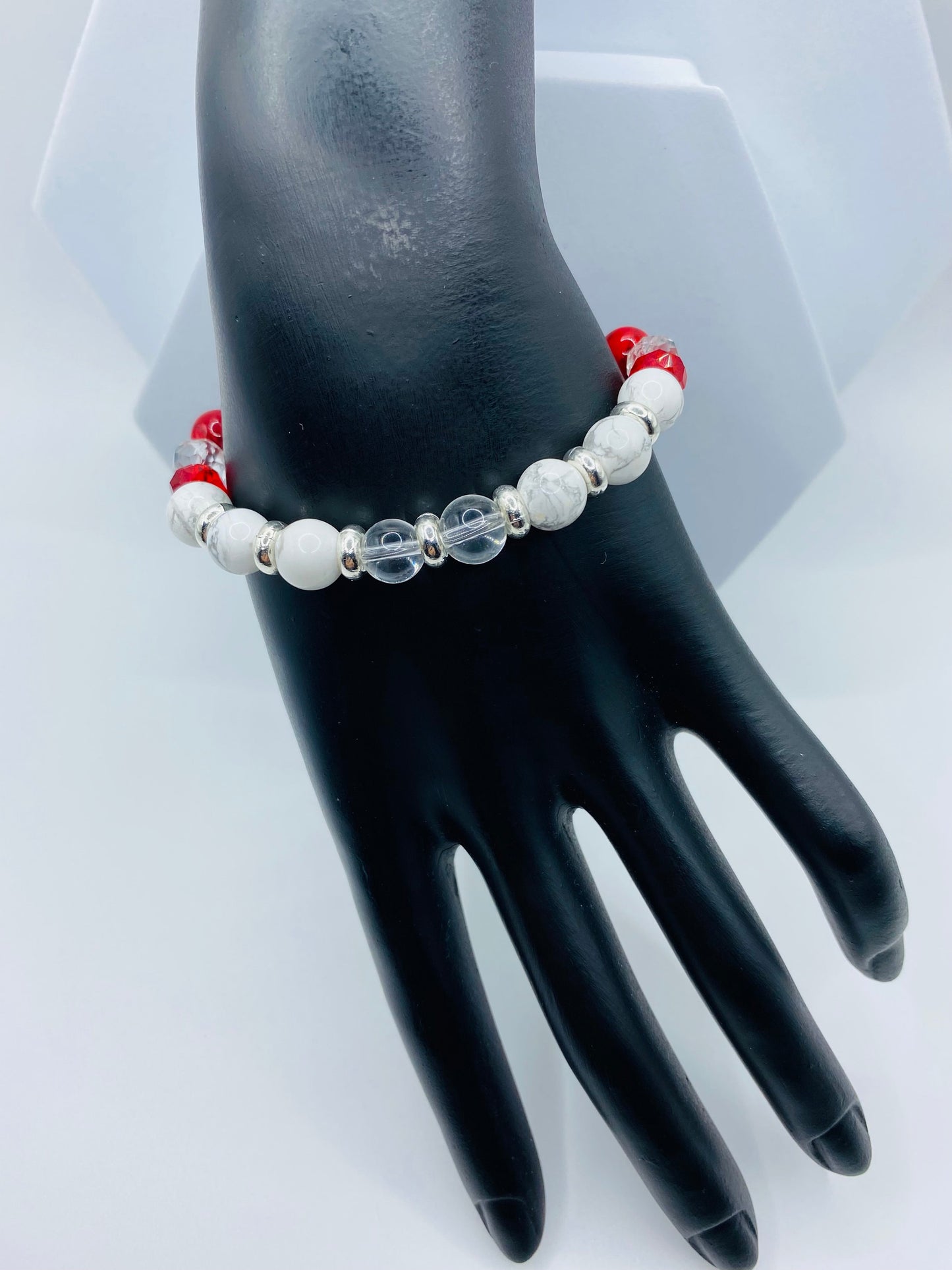 Red Turquoise & Howlite Gemstone Bracelet: Crystal Quartz Beaded Jewelry