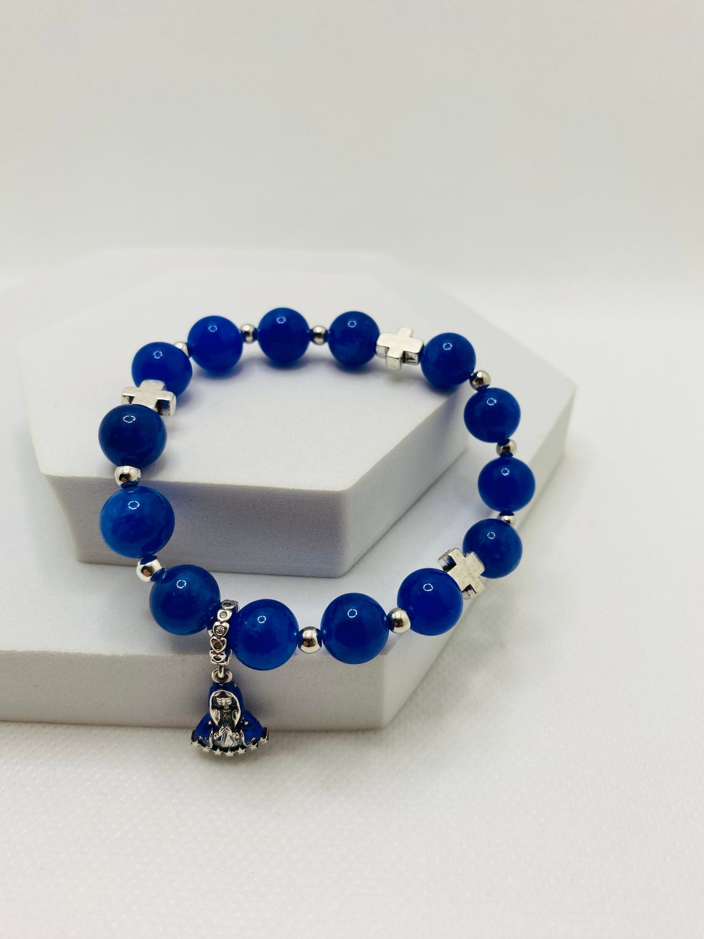 Blue Kyanite Gemstone Bracelet: Virgin Mary Charm, Cross Beads