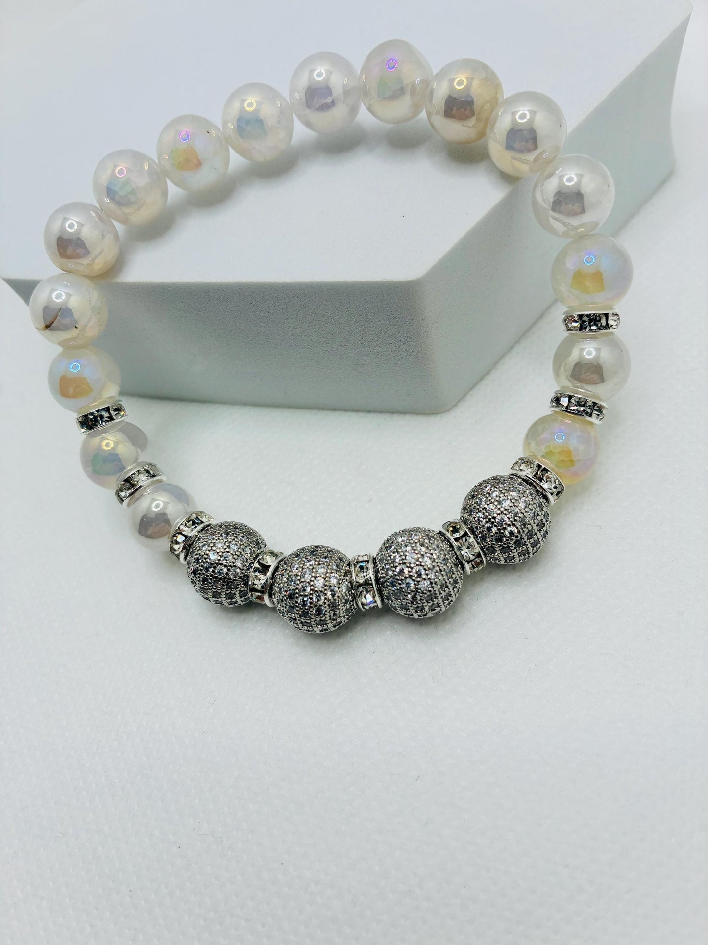 Brass Rhinestone & Zircon Beads White Gold and Snow Quartz Gemstone Bracelet: Silver Plated Rondelles