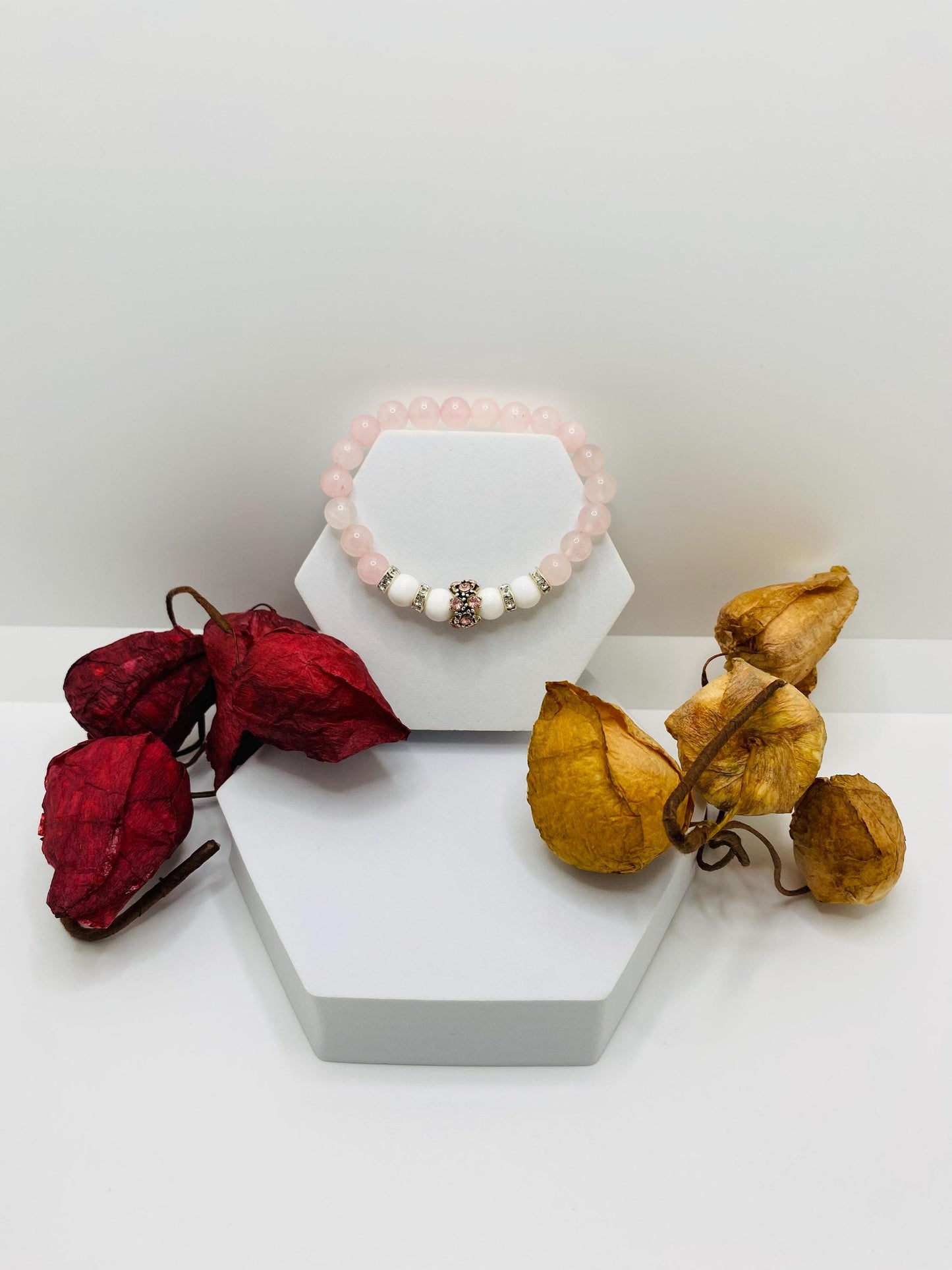 Rose Quartz Charm Bracelet: Agate Beads, Silver Rhinestone Charm