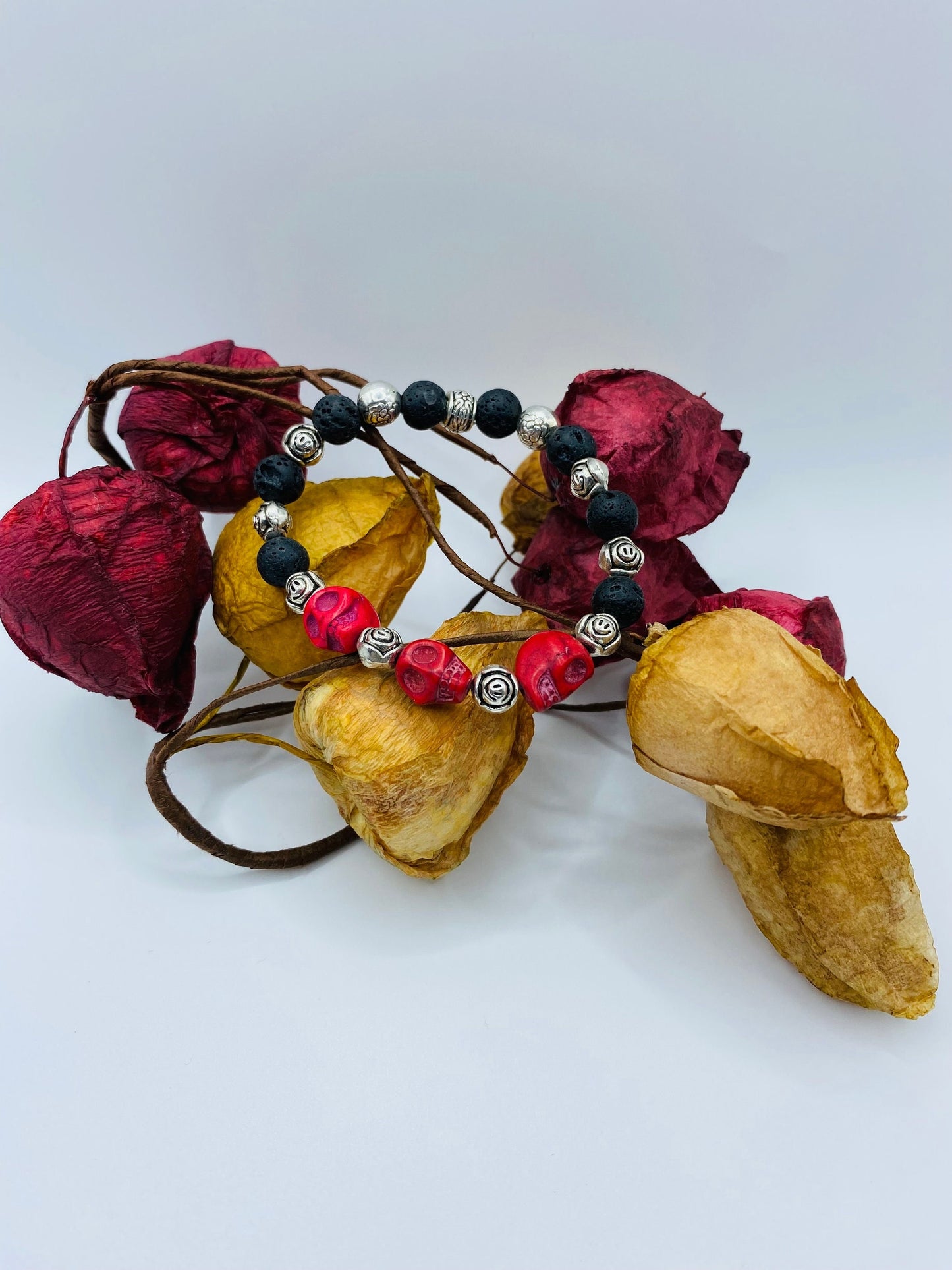 Day of the Dead Lava Rock Bracelet, Red Skull Beads & Metal flowers - Dia de Los Muertos - Gifts for Her