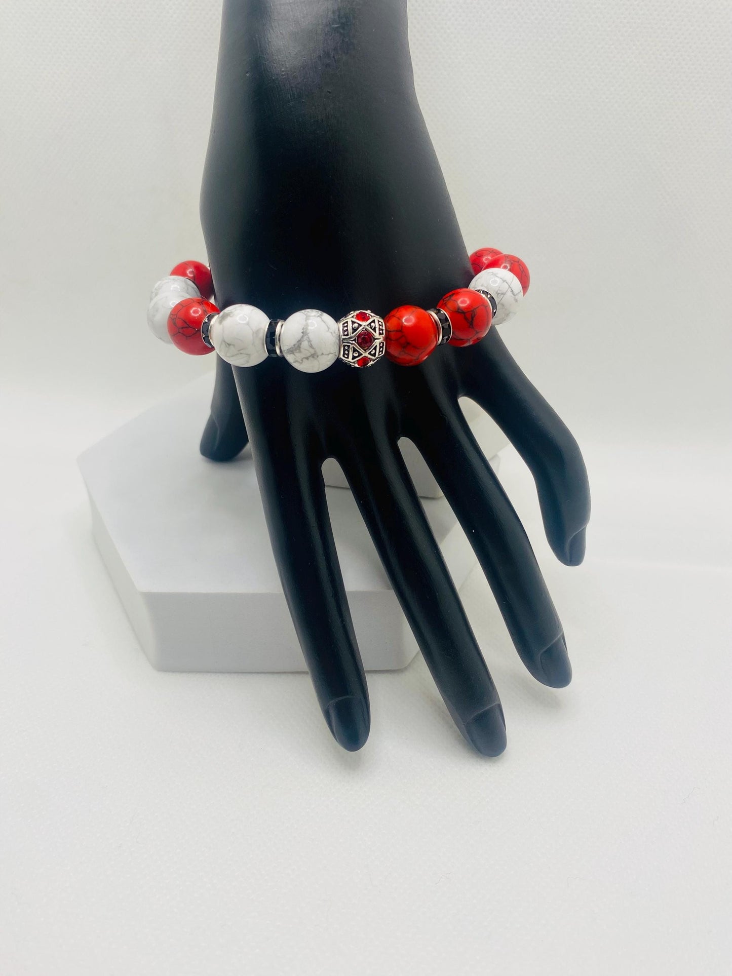 Mens Red Turquoise & Howlite Beaded Bracelet: Silver Rhinestone Charm