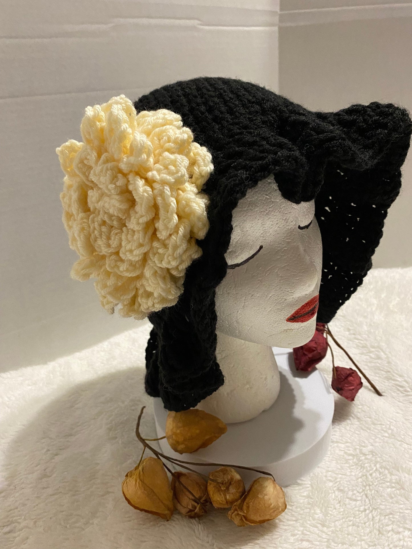 Black Crochet Bucket Hat with White Flower: Handmade Acrylic Hat