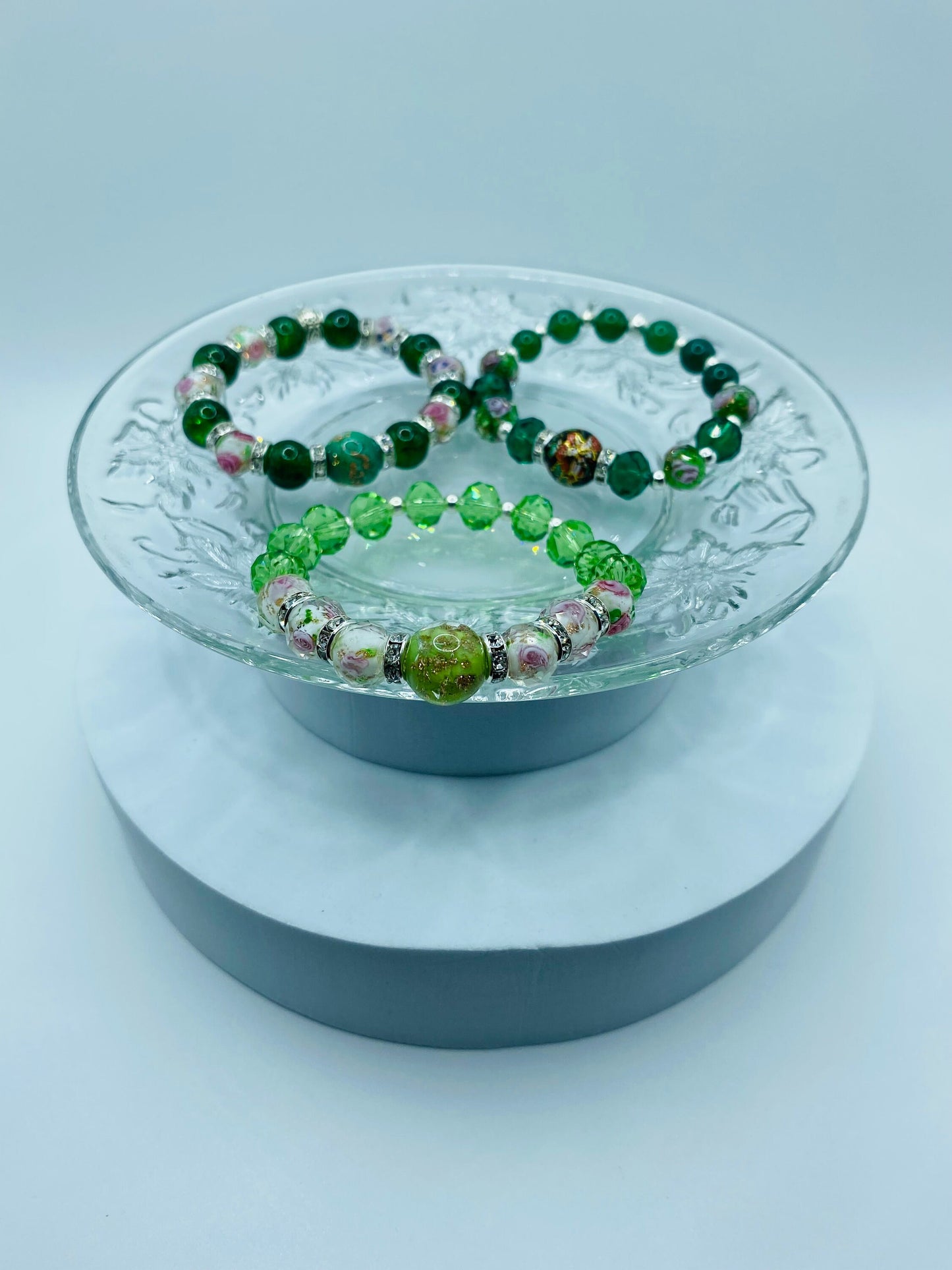 Lampwork Floral Crystal Bracelet: Green Glass Bead Handmade Jewelry