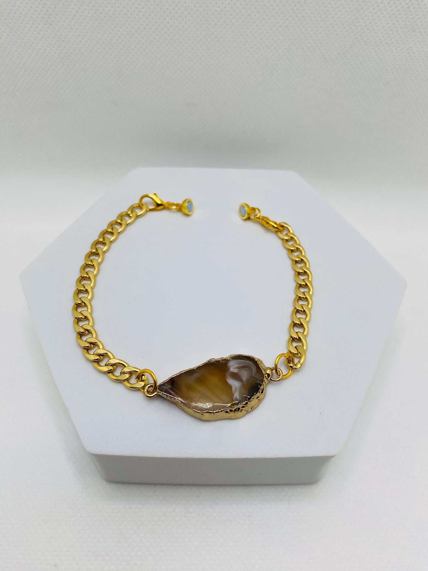 Gold Plated Cuban Link Bracelet: Agate Slice, Magnetic Clasp