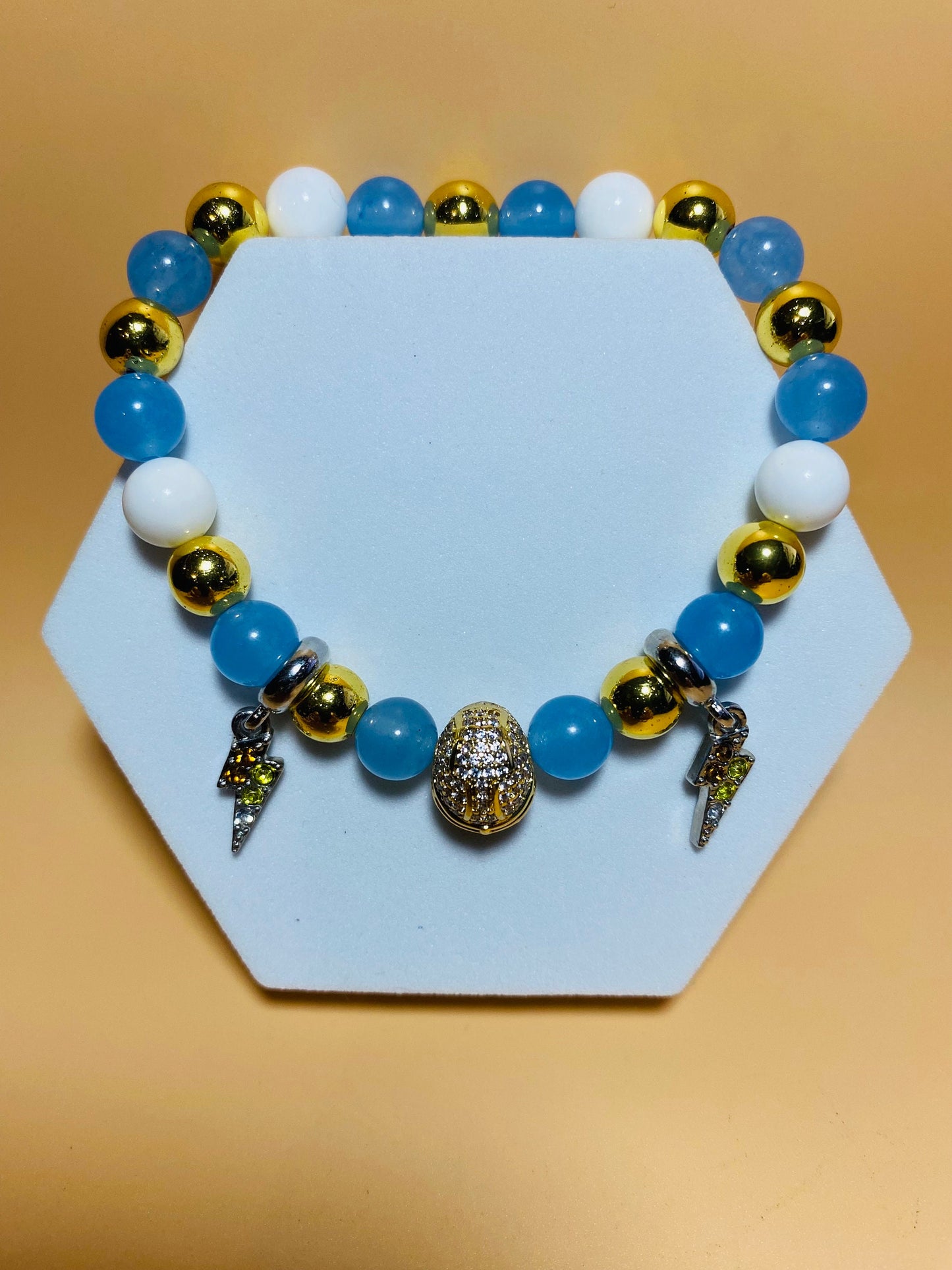 Los Angeles Chargers Mens Bracelet, Lightning Bolt Charms & Golden Football Helmet - Natural Gemstone Beads