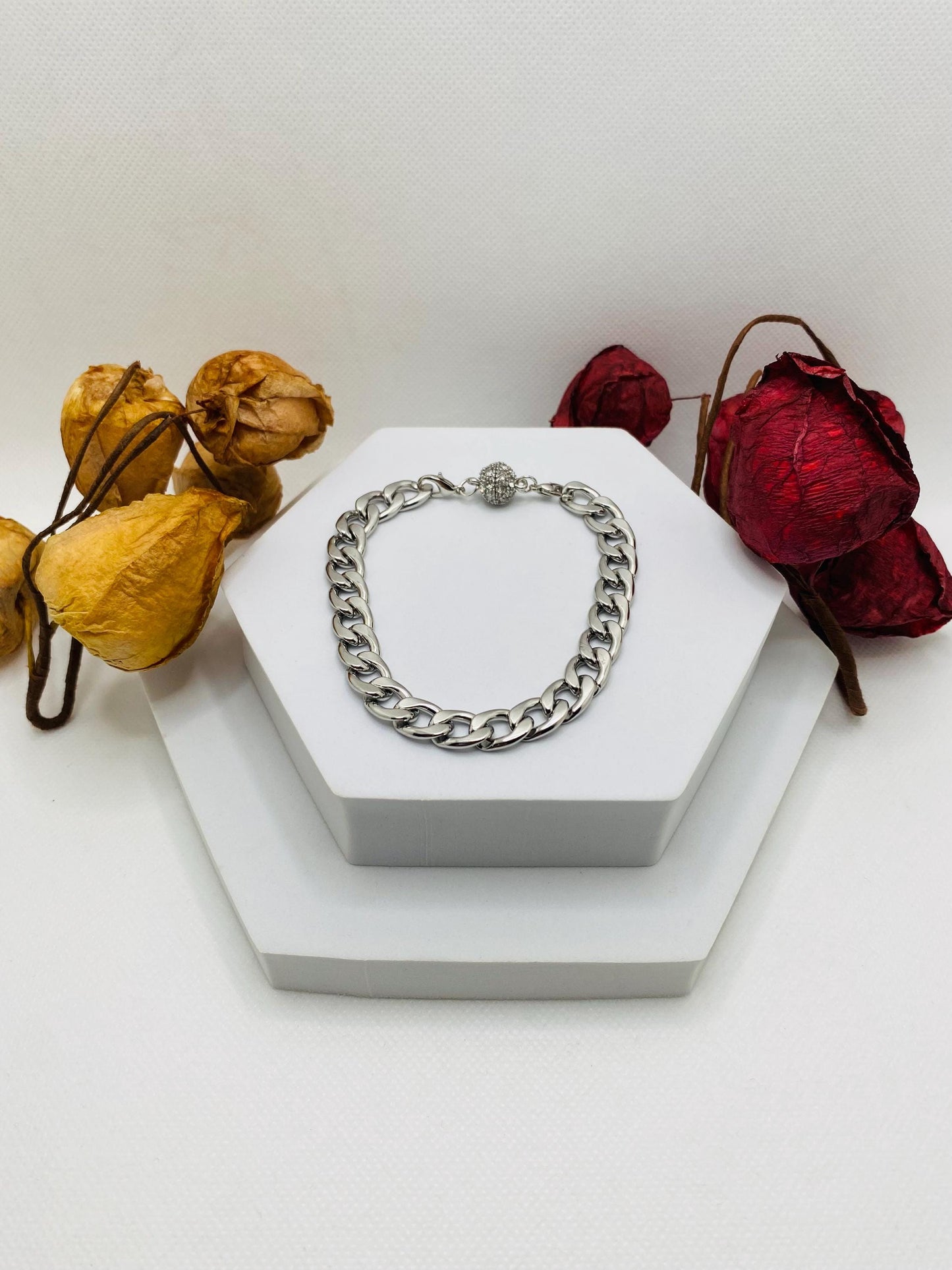 Silver Stainless Steel Cuban Link Bracelet: Unisex Magnetic Clasp