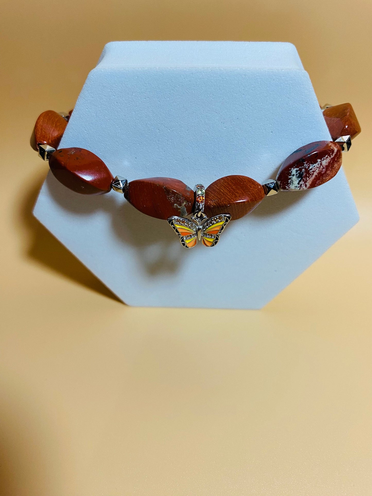 Handmade Red Jasper Bracelet: Butterfly Charm, Gemstone Jewelry