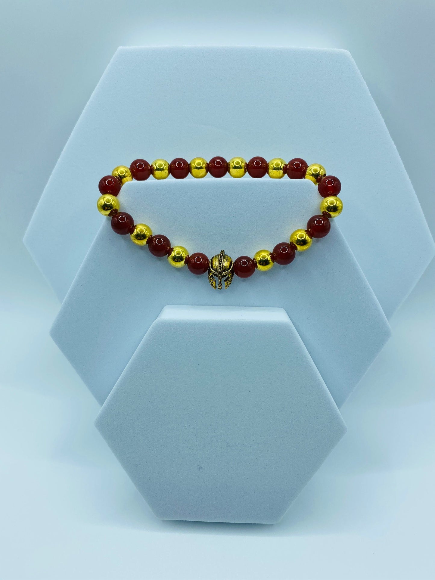 USC Trojans Bracelet: Red Carnelian & Gold Spartan Helmet Beaded Bracelet