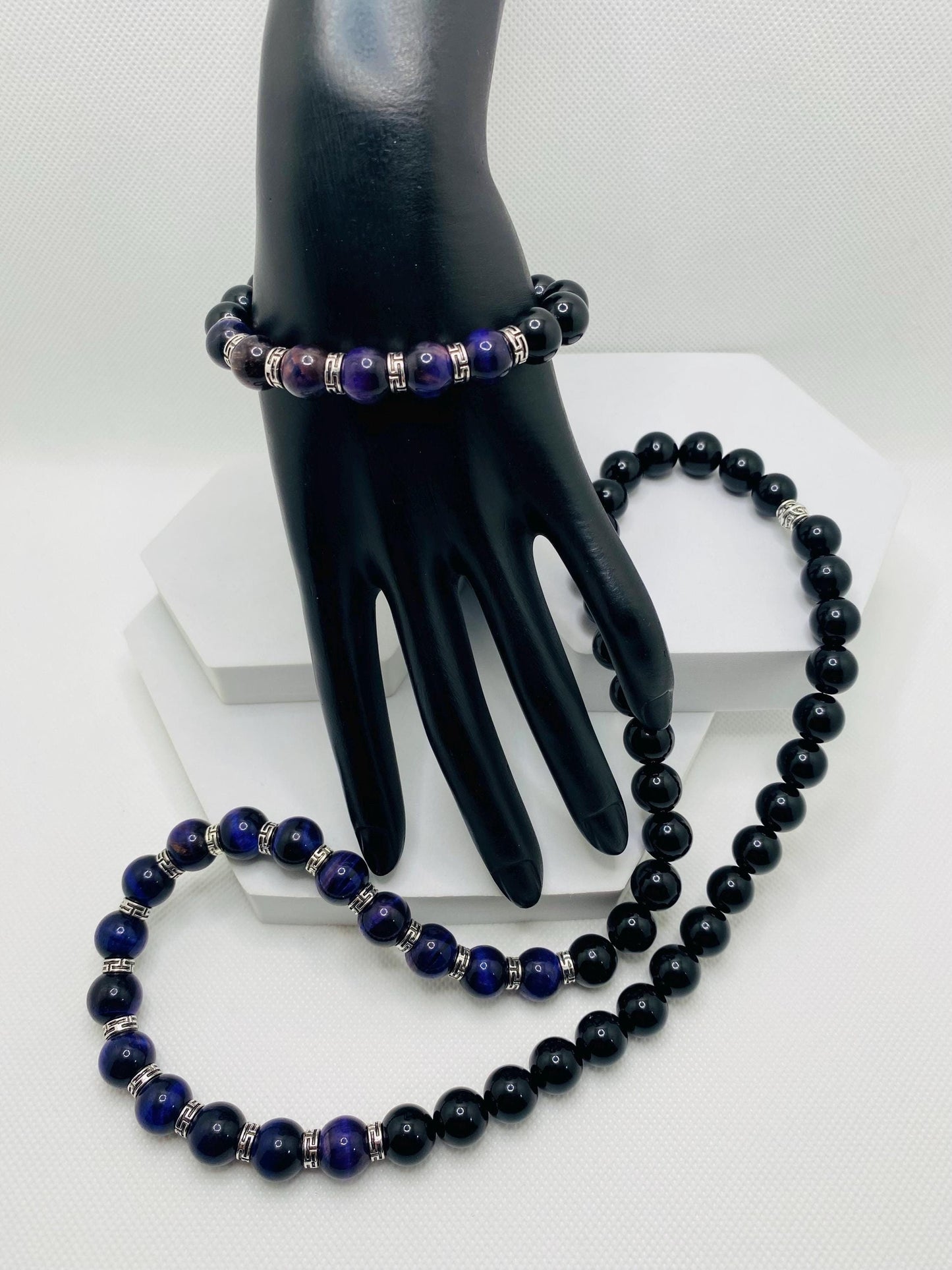 Handmade Purple Tiger Eye & Onyx Gemstone Jewelry Set